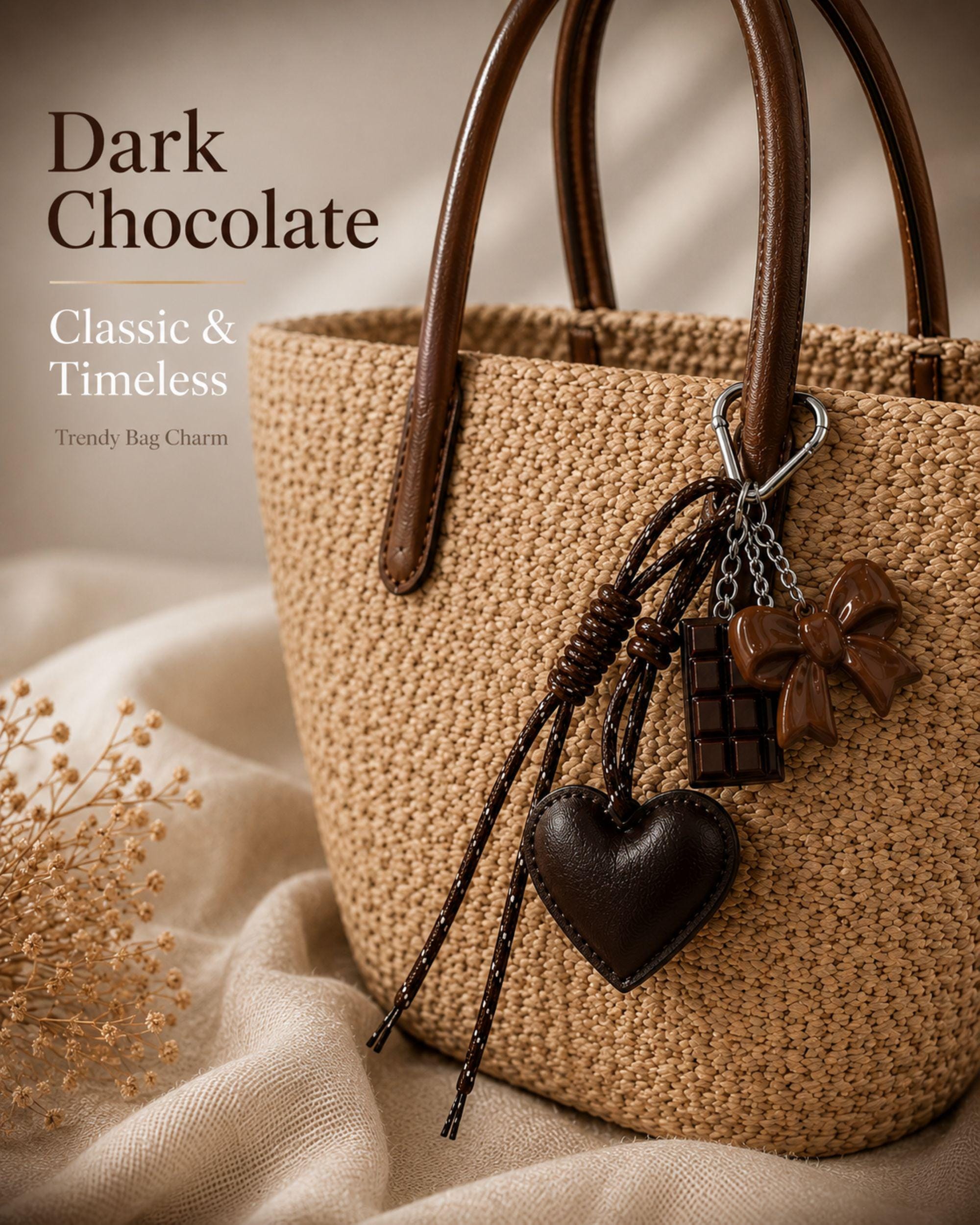 Dark chocolate heart bag charm with silver heart clip attached to luxury handbag, trendy coquette purse accessory with glossy bow charm and chocolate detail, aesthetic Y2K handbag charm, brown bag keychain gift for women, Pinterest style purse accessory, neutral aesthetic fashion charm, cute layered handbag accessory with leather heart detail