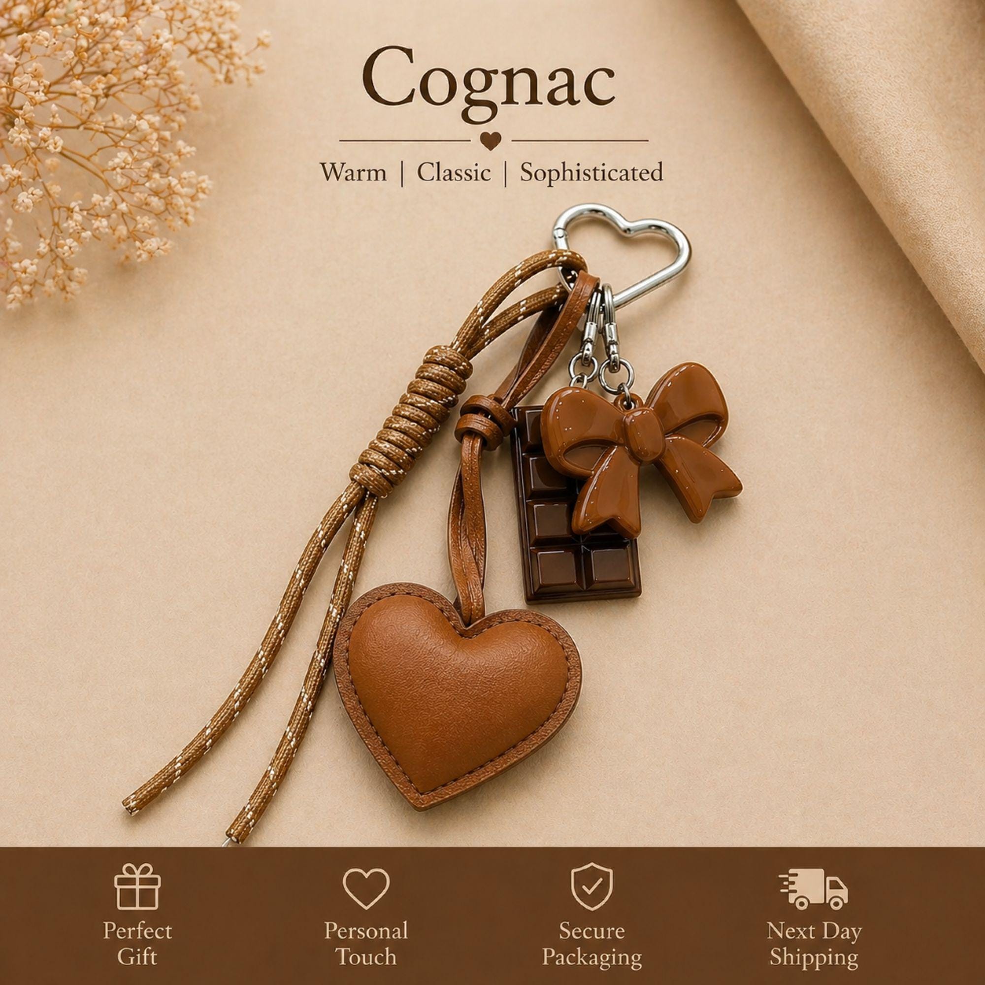 Dark chocolate heart bag charm with silver heart clip attached to luxury handbag, trendy coquette purse accessory with glossy bow charm and chocolate detail, aesthetic Y2K handbag charm, brown bag keychain gift for women, Pinterest style purse accessory, neutral aesthetic fashion charm, cute layered handbag accessory with leather heart detail