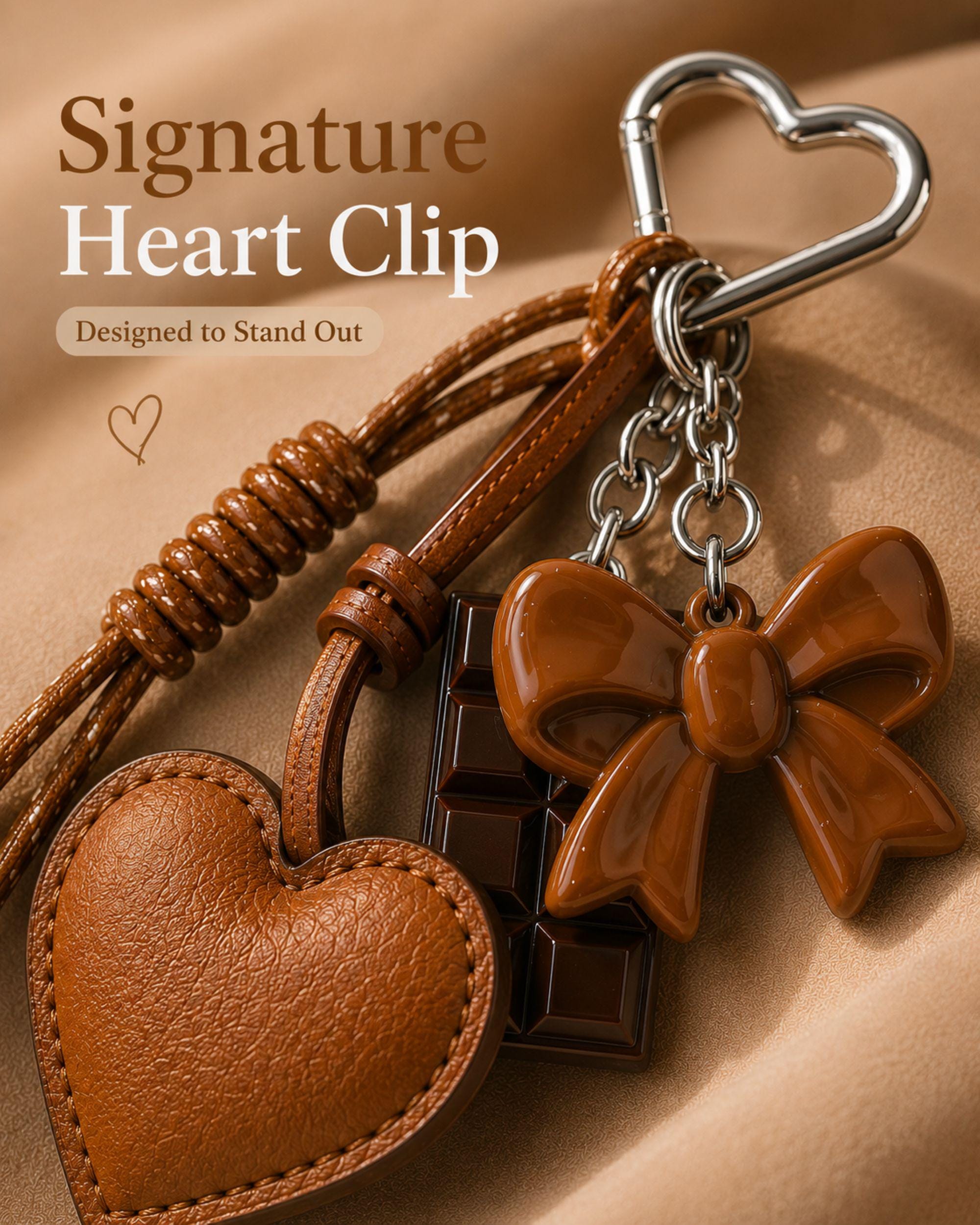 Cognac heart bag charm attached to straw tote bag with silver heart clip, trendy coquette purse accessory with glossy bow charm and chocolate detail, aesthetic Y2K handbag charm, Pinterest style summer bag accessory, neutral fashion purse charm, cute layered handbag keychain for women, warm cognac handbag accessory with leather heart detail