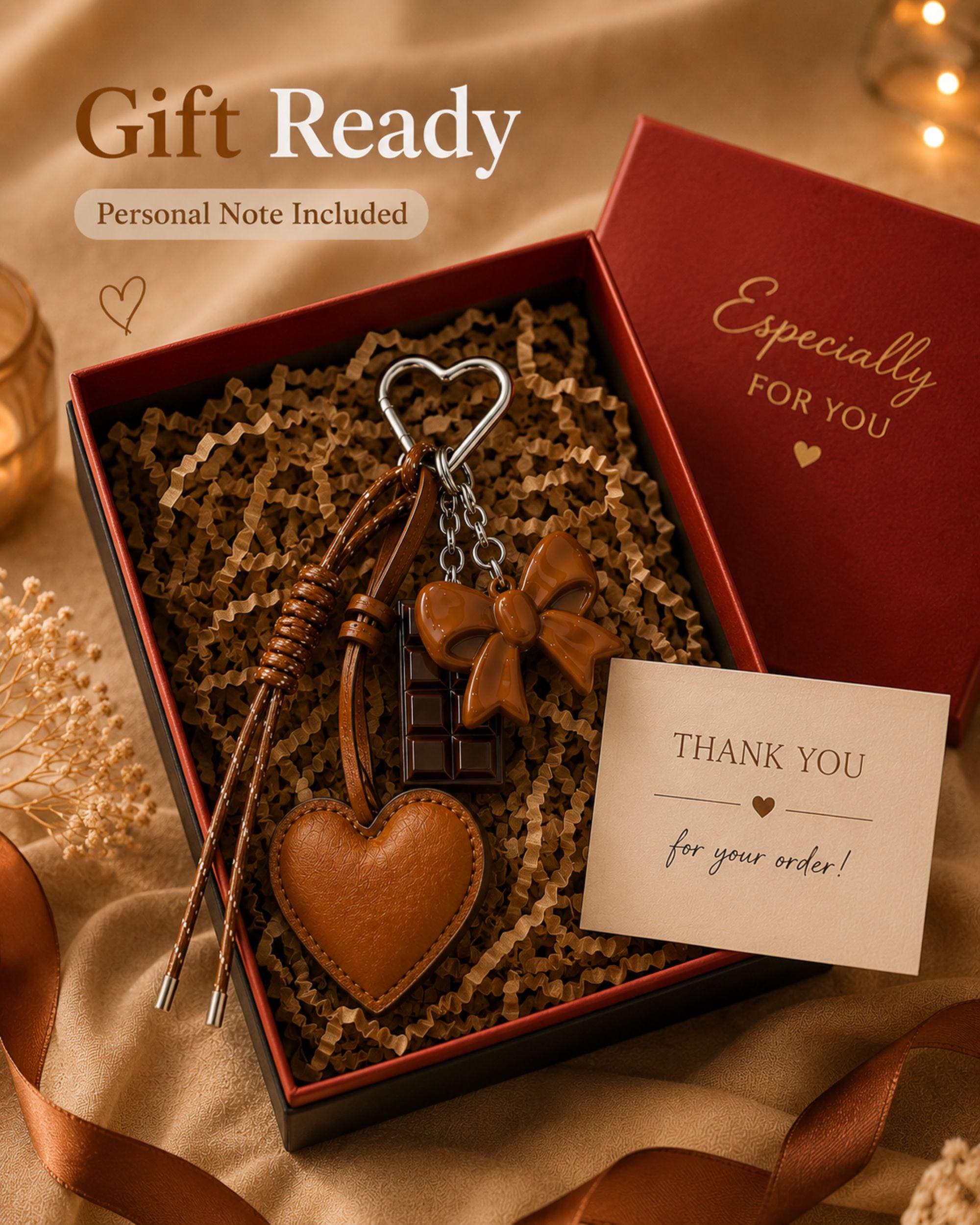Cognac heart bag charm attached to straw tote bag with silver heart clip, trendy coquette purse accessory with glossy bow charm and chocolate detail, aesthetic Y2K handbag charm, Pinterest style summer bag accessory, neutral fashion purse charm, cute layered handbag keychain for women, warm cognac handbag accessory with leather heart detail