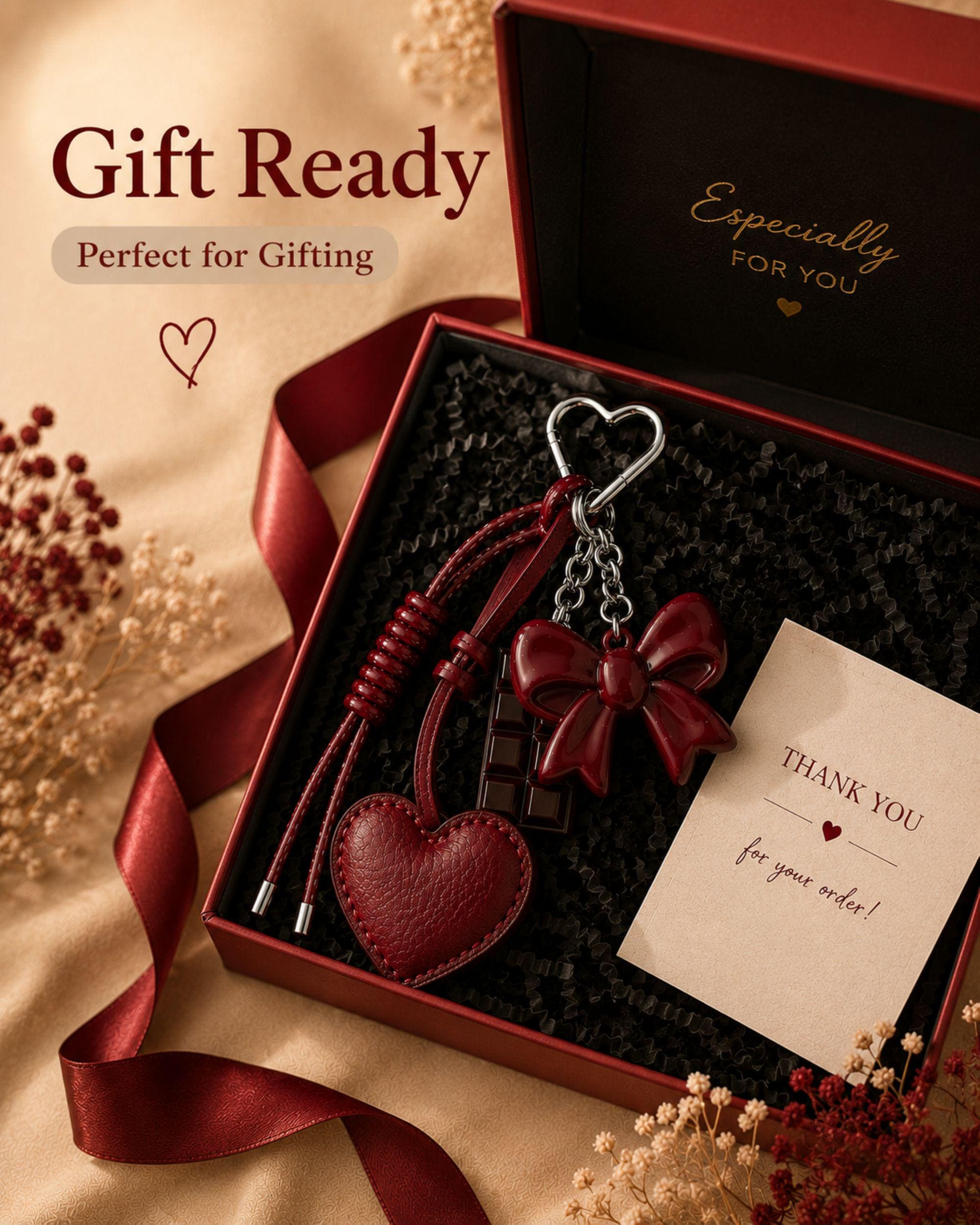 Wine red heart bag charm attached to cream handbag with silver heart clip, trendy coquette purse accessory with glossy red bow charm and chocolate detail, aesthetic Y2K handbag charm, romantic fashion purse accessory, cute layered bag keychain gift for women, Pinterest style statement handbag charm with leather heart detail