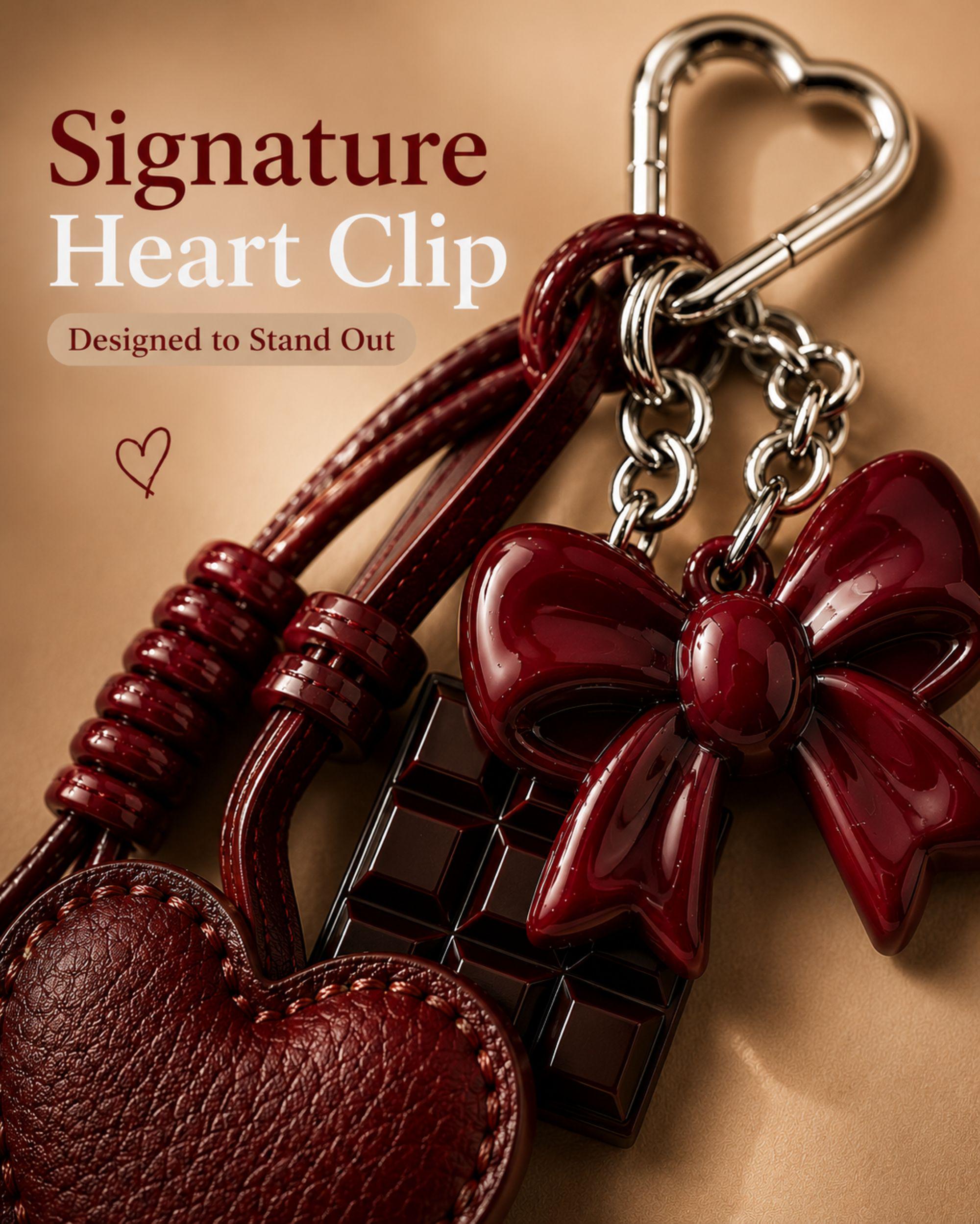 Wine red heart bag charm attached to cream handbag with silver heart clip, trendy coquette purse accessory with glossy red bow charm and chocolate detail, aesthetic Y2K handbag charm, romantic fashion purse accessory, cute layered bag keychain gift for women, Pinterest style statement handbag charm with leather heart detail