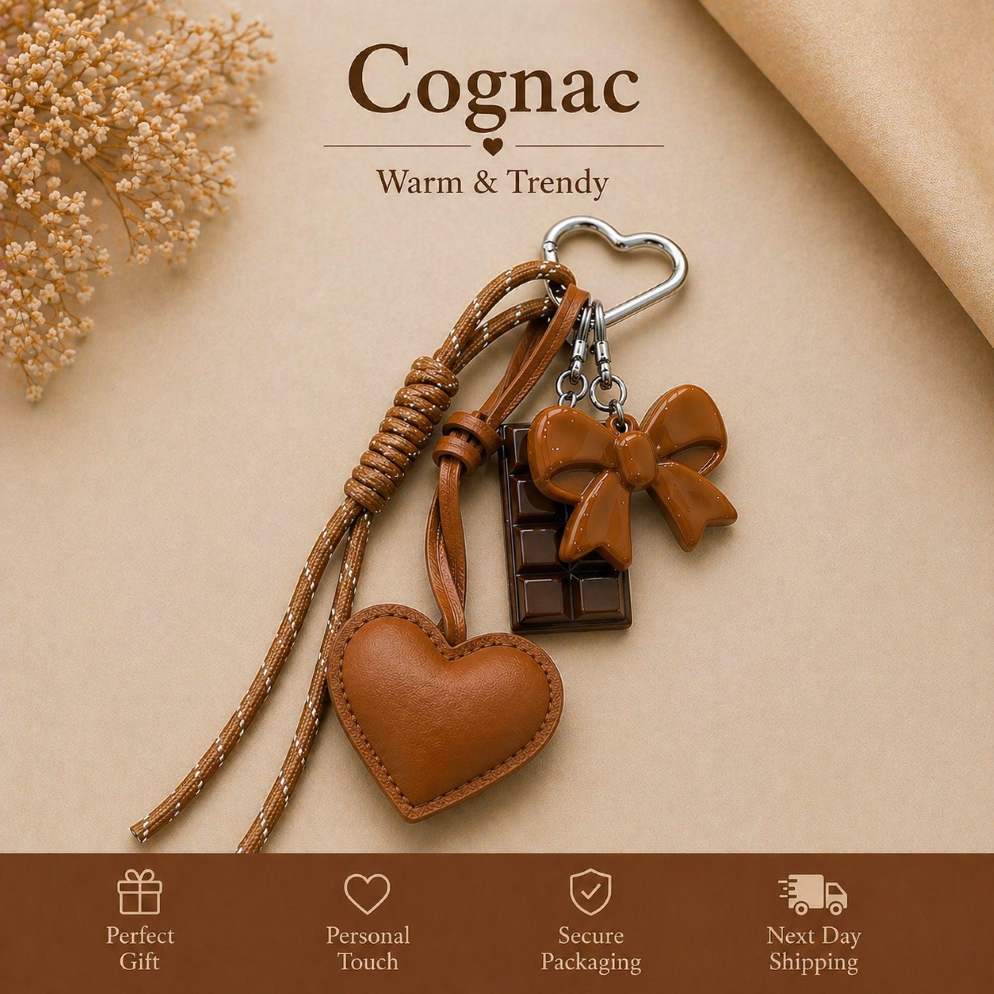 Wine red heart bag charm attached to cream handbag with silver heart clip, trendy coquette purse accessory with glossy red bow charm and chocolate detail, aesthetic Y2K handbag charm, romantic fashion purse accessory, cute layered bag keychain gift for women, Pinterest style statement handbag charm with leather heart detail