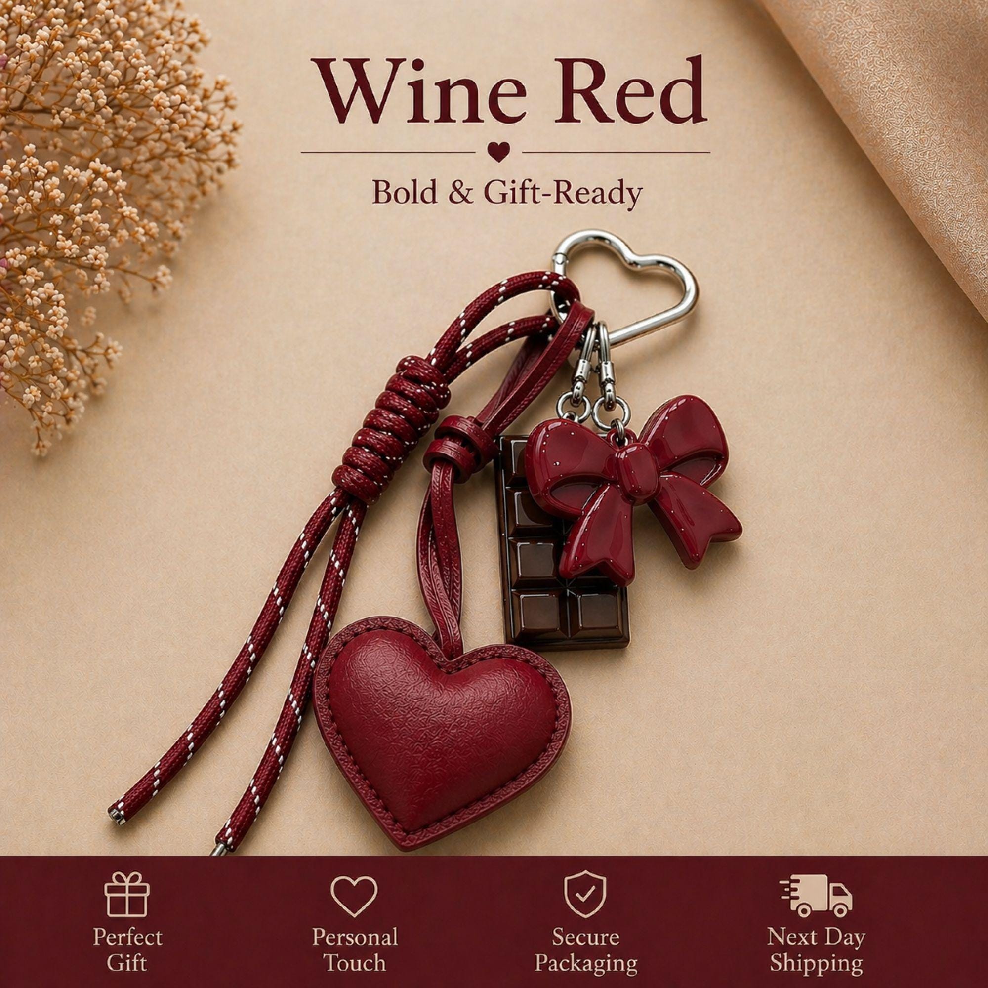 Wine red heart bag charm attached to cream handbag with silver heart clip, trendy coquette purse accessory with glossy red bow charm and chocolate detail, aesthetic Y2K handbag charm, romantic fashion purse accessory, cute layered bag keychain gift for women, Pinterest style statement handbag charm with leather heart detail