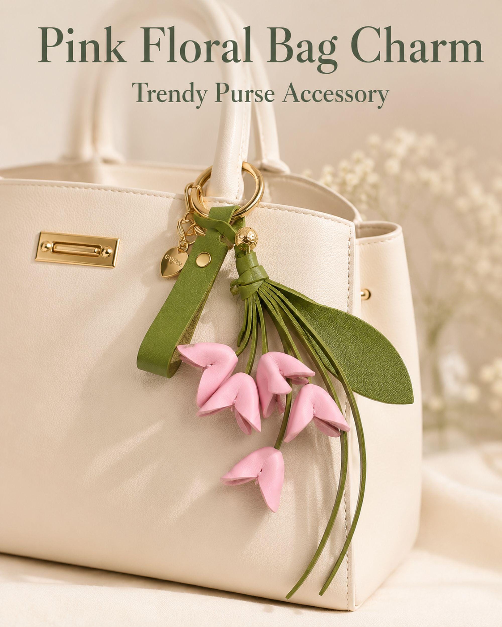 Pink floral leather bag charm with olive green strap and tassel, cute flower purse charm for women, aesthetic handbag accessory, feminine spring bag charm, luxury keychain charm, trendy purse accessory, soft girl bag decor, botanical leather keychain, flower bag accessory for tote bag, luxury handbag charm, coquette style purse charm, floral key holder, cute pink flower keychain gift for her, handmade aesthetic purse accessory