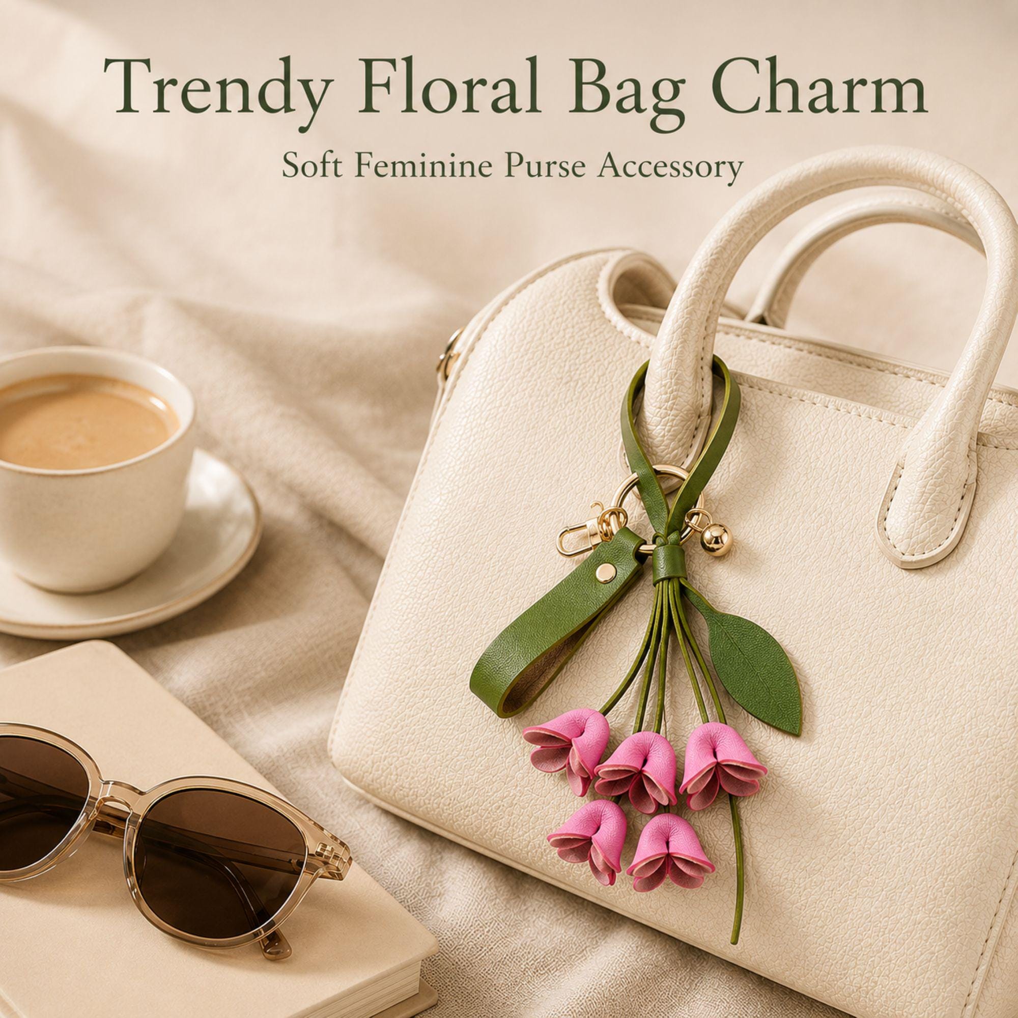 Rose Madder floral bag charm attached to luxury handbag featuring folded leather flowers, olive green leather strap, gold hardware, feminine purse accessory, trendy floral keychain, cute handbag charm, quiet luxury aesthetic, pink leather flower bag accessory, stylish purse charm for women, gift for her, luxury bag accessory, boutique fashion keychain, elegant floral purse accessory, Pinterest inspired handbag charm, soft feminine fashion accessory