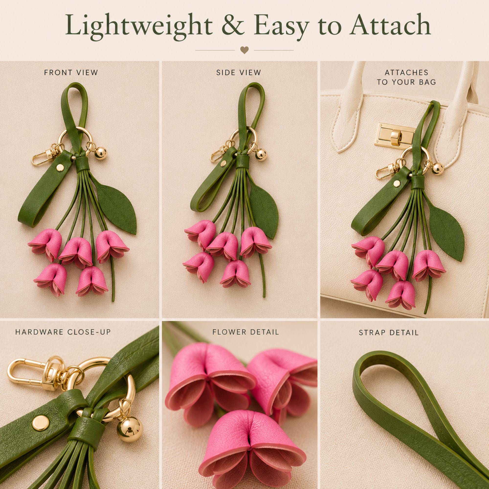 Rose Madder floral bag charm attached to luxury handbag featuring folded leather flowers, olive green leather strap, gold hardware, feminine purse accessory, trendy floral keychain, cute handbag charm, quiet luxury aesthetic, pink leather flower bag accessory, stylish purse charm for women, gift for her, luxury bag accessory, boutique fashion keychain, elegant floral purse accessory, Pinterest inspired handbag charm, soft feminine fashion accessory