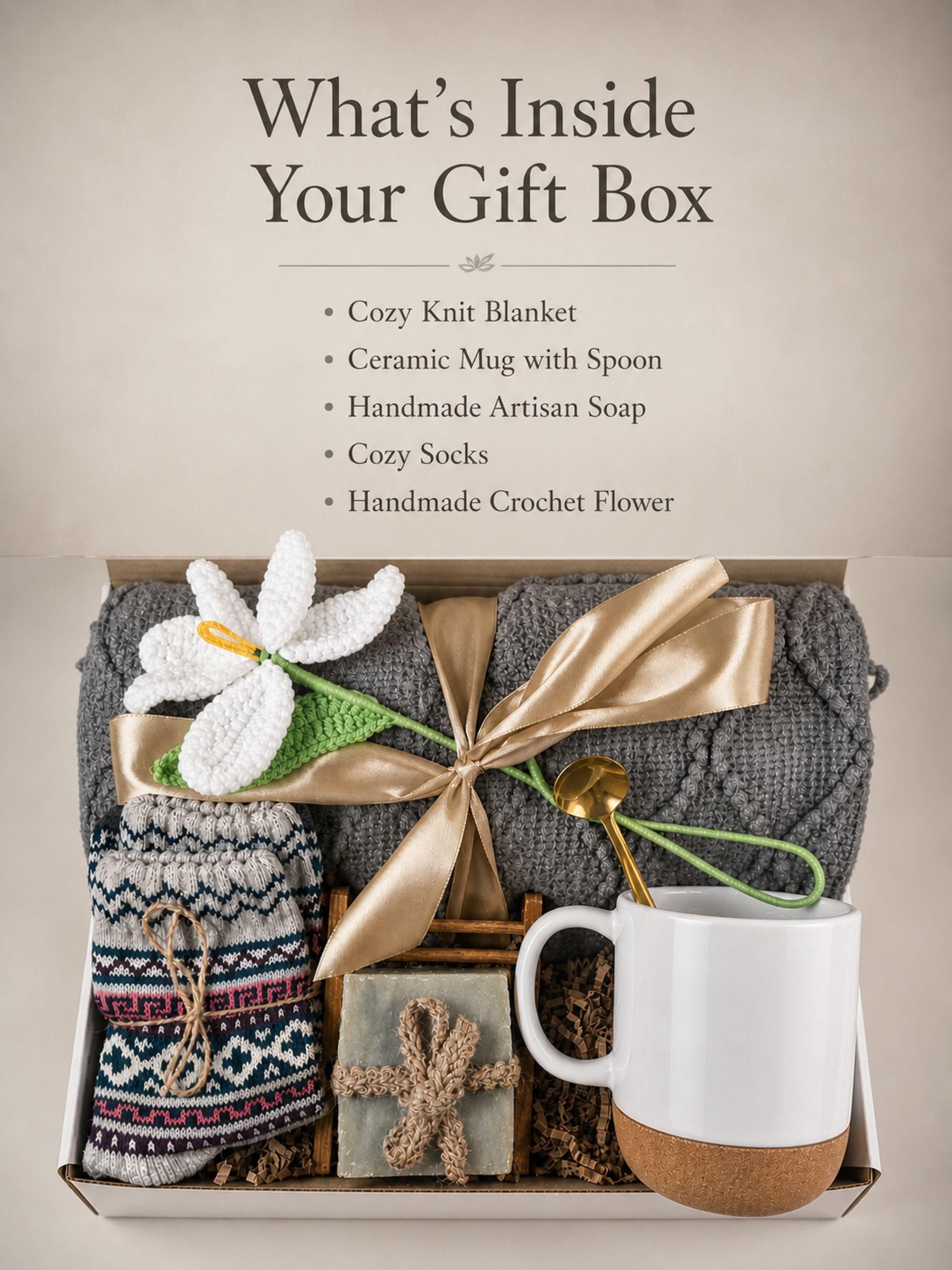 birthday gift box for her self care package cozy spa gift basket relaxation gift with knit blanket ceramic mug gold spoon artisan soap cozy socks handmade flower thoughtful birthday present for women comfort care package ready to gift