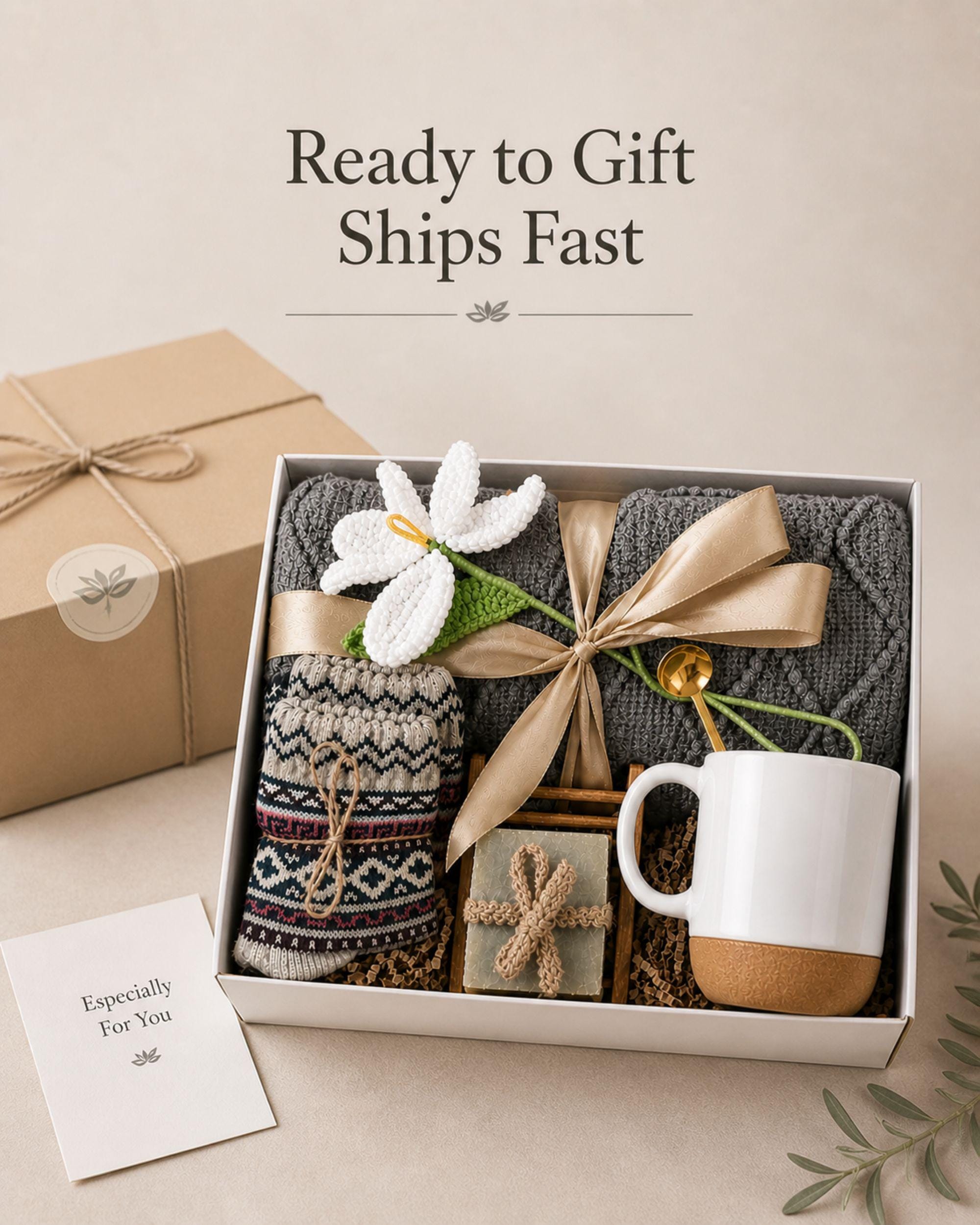 birthday gift box for her self care package cozy spa gift basket relaxation gift with knit blanket ceramic mug gold spoon artisan soap cozy socks handmade flower thoughtful birthday present for women comfort care package ready to gift