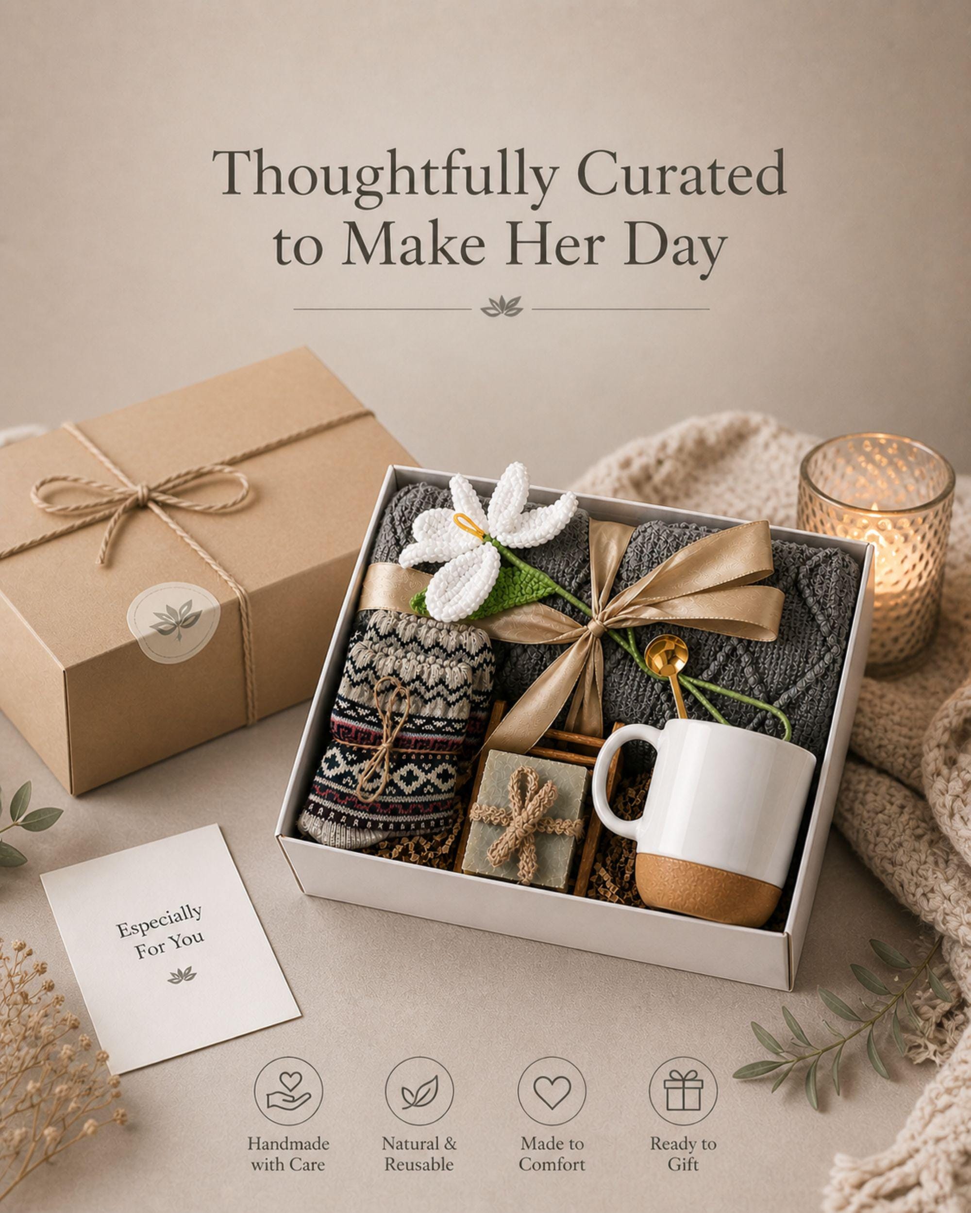 birthday gift box for her self care package cozy spa gift basket relaxation gift with knit blanket ceramic mug gold spoon artisan soap cozy socks handmade flower thoughtful birthday present for women comfort care package ready to gift