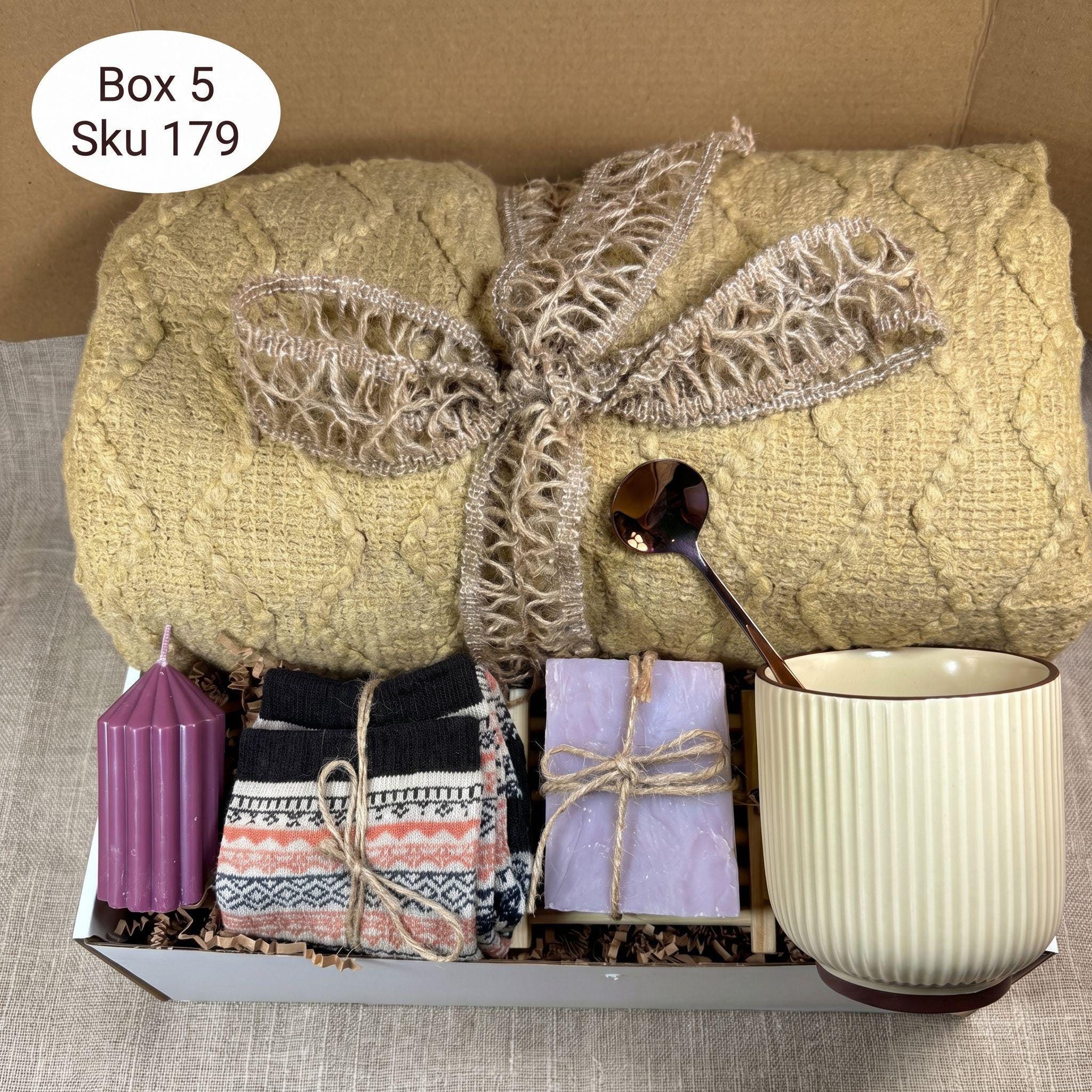 birthday gift box for her self care package cozy spa gift basket relaxation gift with knit blanket ceramic mug gold spoon artisan soap cozy socks handmade flower thoughtful birthday present for women comfort care package ready to gift