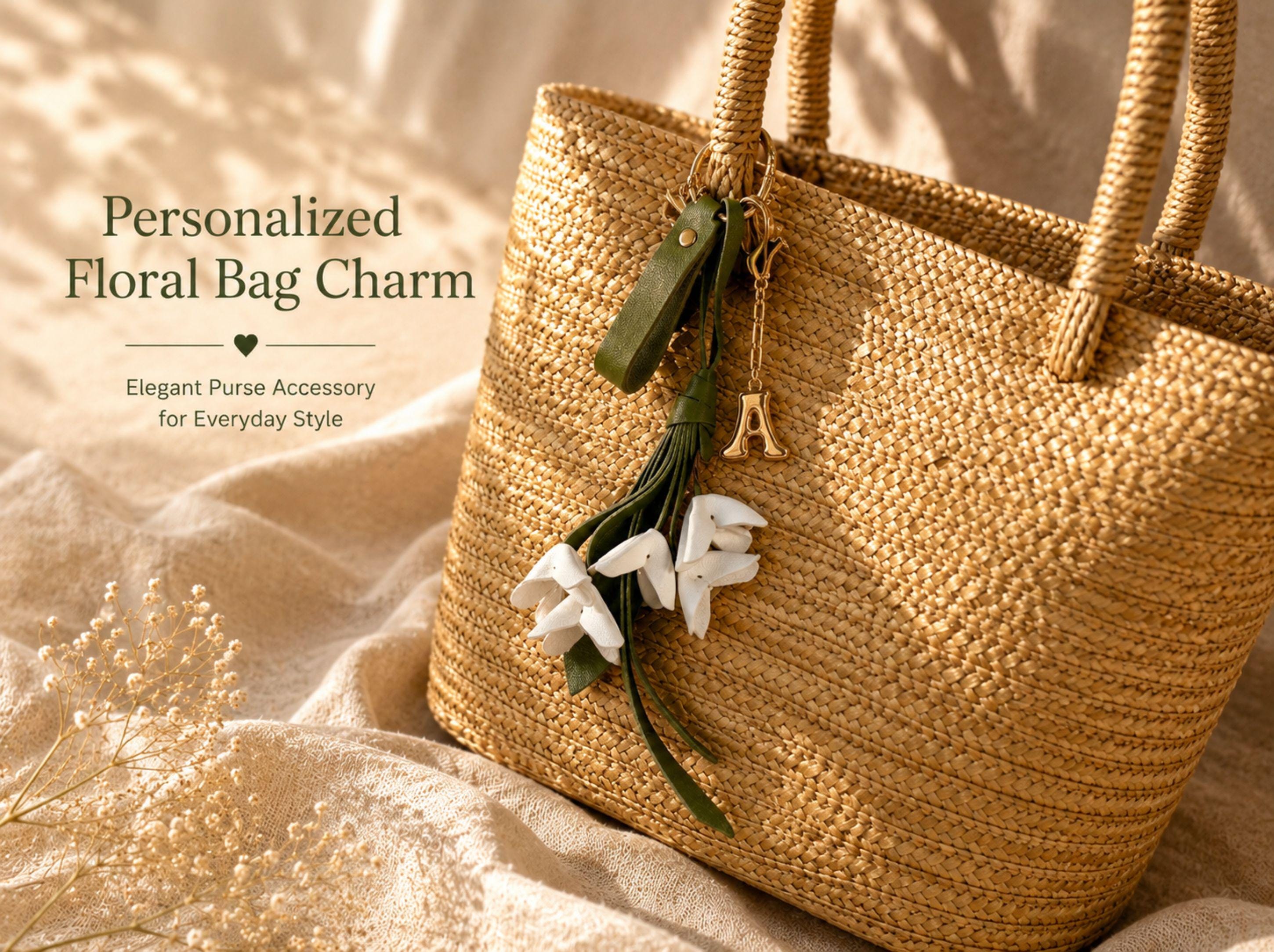 Custom initial bag charm with white folded flowers, green tassel strands, gold hardware and personalized puffy letter charm styled on neutral background. Feminine floral purse accessory for straw tote bags and handbags. Elegant personalized keychain gift for women with quiet luxury aesthetic and summer handbag styling.