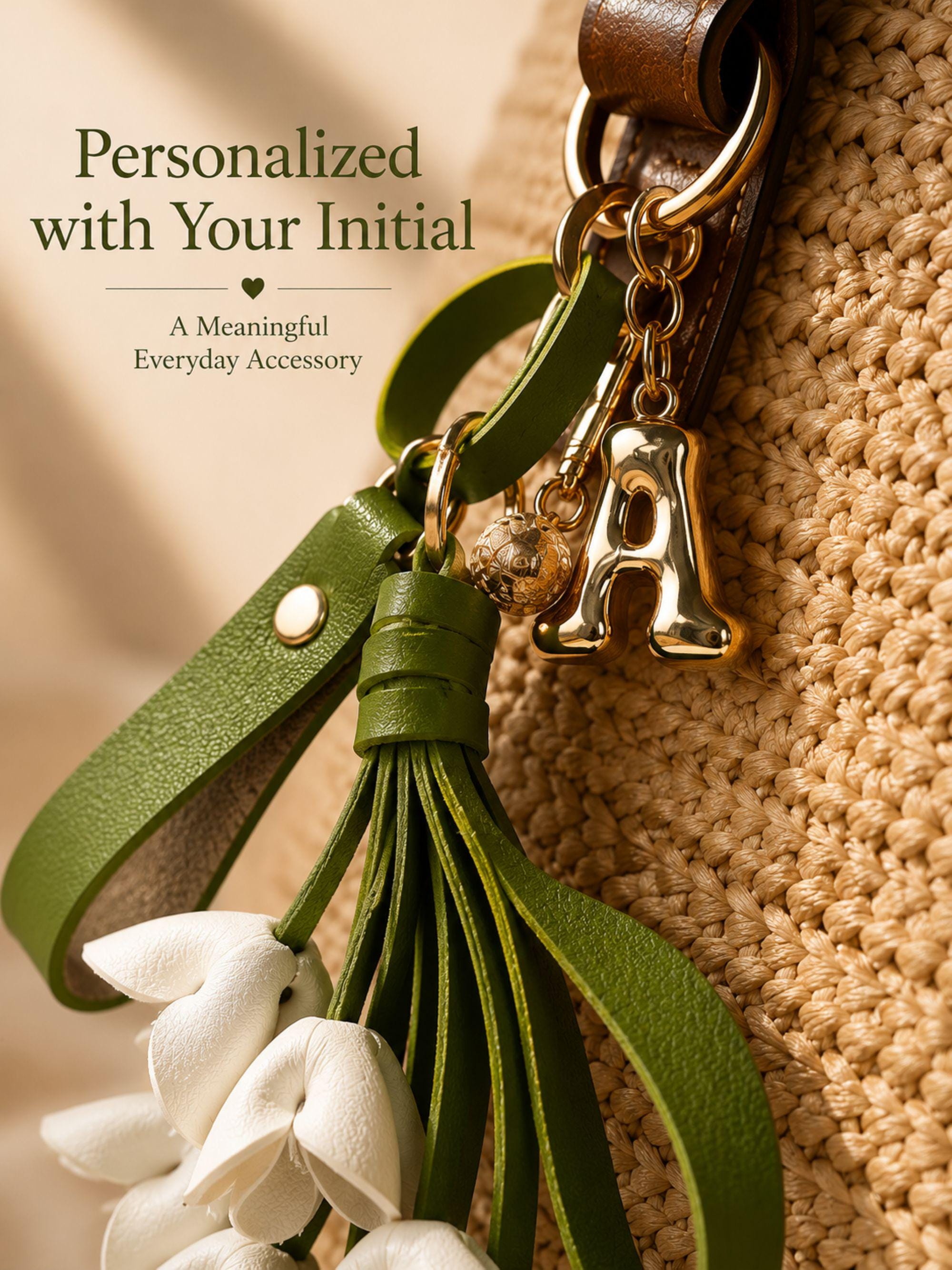 Custom initial bag charm with white folded flowers, green tassel strands, gold hardware and personalized puffy letter charm styled on neutral background. Feminine floral purse accessory for straw tote bags and handbags. Elegant personalized keychain gift for women with quiet luxury aesthetic and summer handbag styling.
