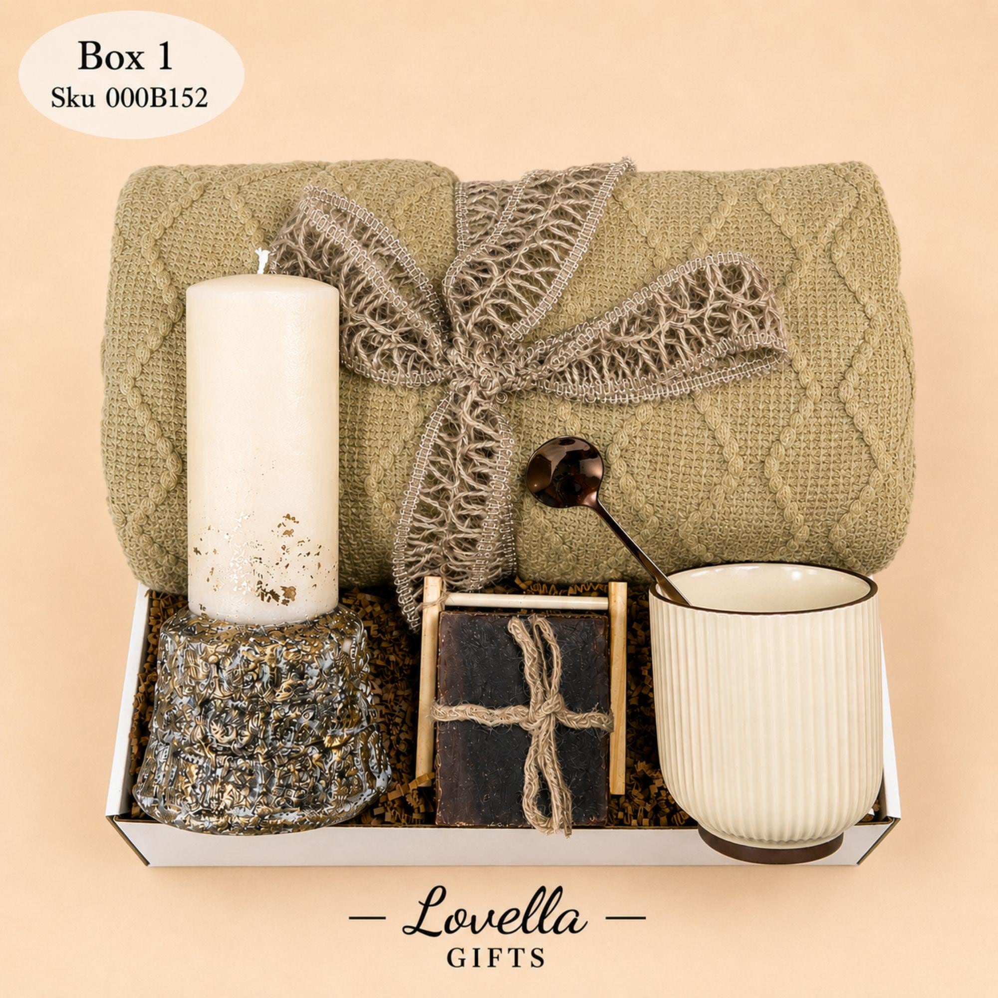 Ultimate hygge gift box for men with cozy olive blanket, candle, handmade soap, ceramic mug and spoon, masculine self care gift basket for him, sympathy gift box, get well soon care package, comfort gift for men, thinking of you gift basket, grief support gift, cozy blanket gift set, masculine relaxation box, neutral earthy hygge care package for husband, boyfriend, coworker, dad or friend, ready to gift handmade comfort box