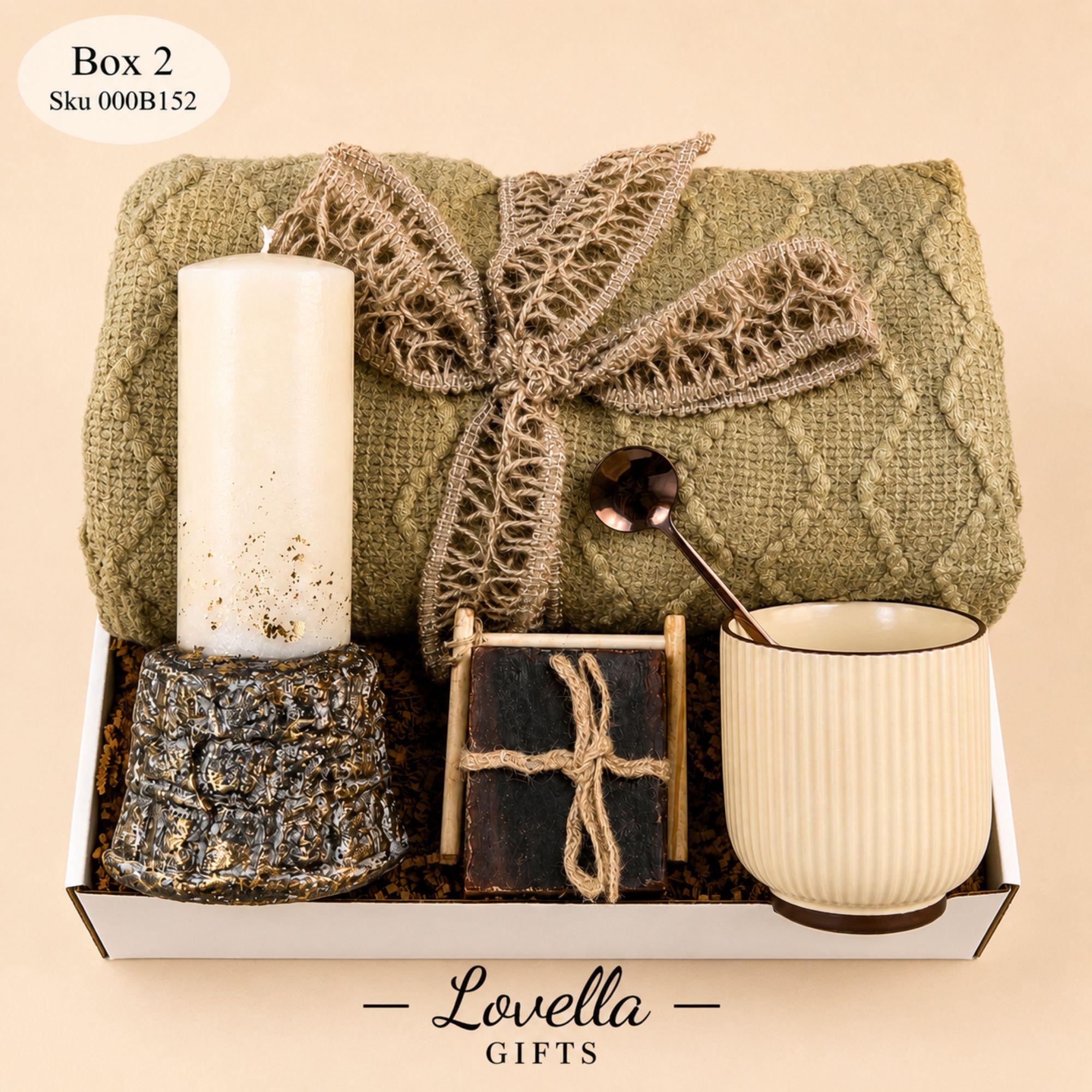 Luxury gift box for him with cozy beige blanket, artisan candle, handmade soap, ceramic mug and gold spoon, masculine self care basket for men, boyfriend gift box, husband birthday gift, cozy blanket gift set, comfort care package for him, get well soon gift for men, hygge relaxation gift basket, thoughtful handmade mens gift box, neutral earthy self care package for dad, boyfriend or coworker, ready to gift masculine care package