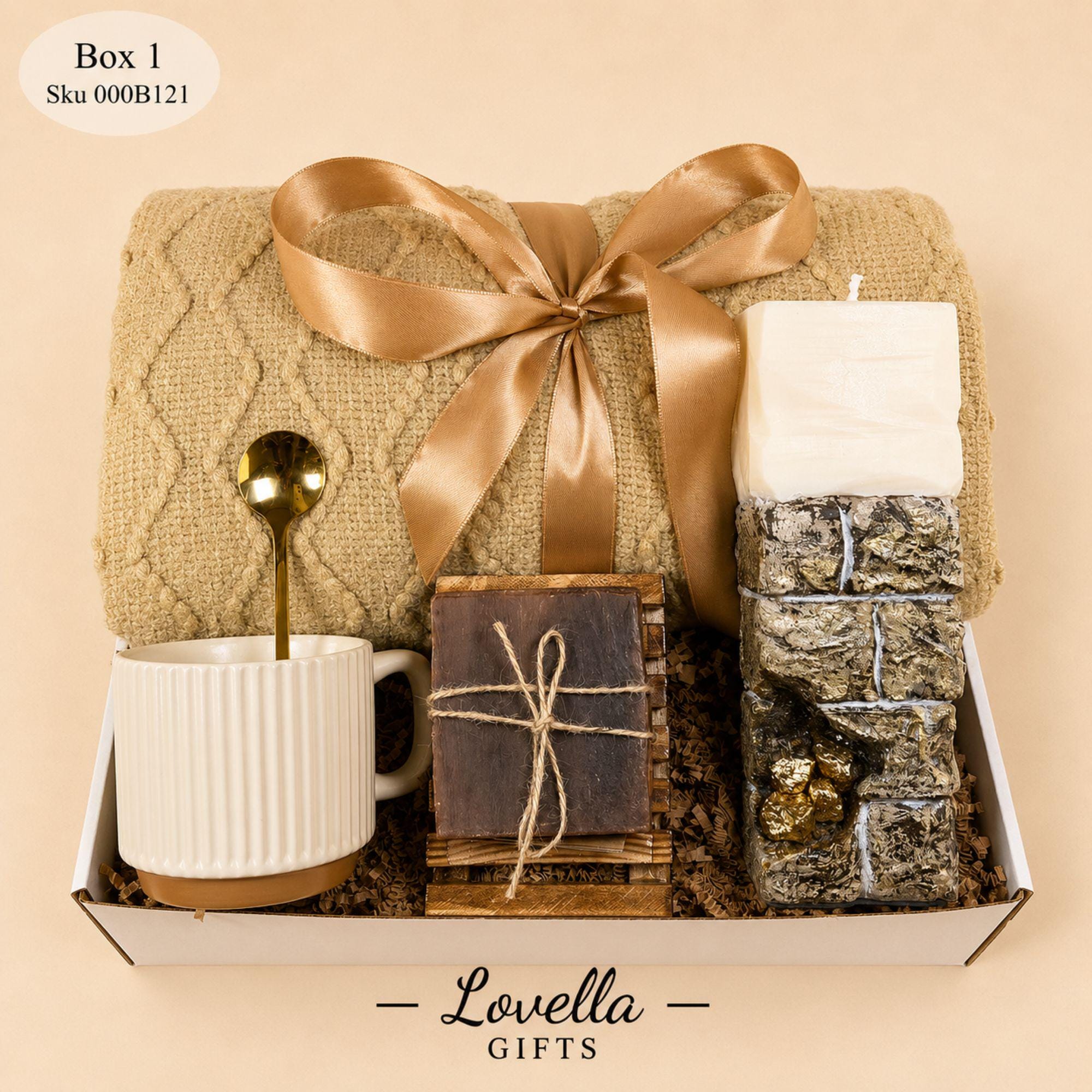 Luxury gift box for him with cozy beige blanket, artisan candle, handmade soap, ceramic mug and gold spoon, masculine self care basket for men, boyfriend gift box, husband birthday gift, cozy blanket gift set, comfort care package for him, get well soon gift for men, hygge relaxation gift basket, thoughtful handmade mens gift box, neutral earthy self care package for dad, boyfriend or coworker, ready to gift masculine care package