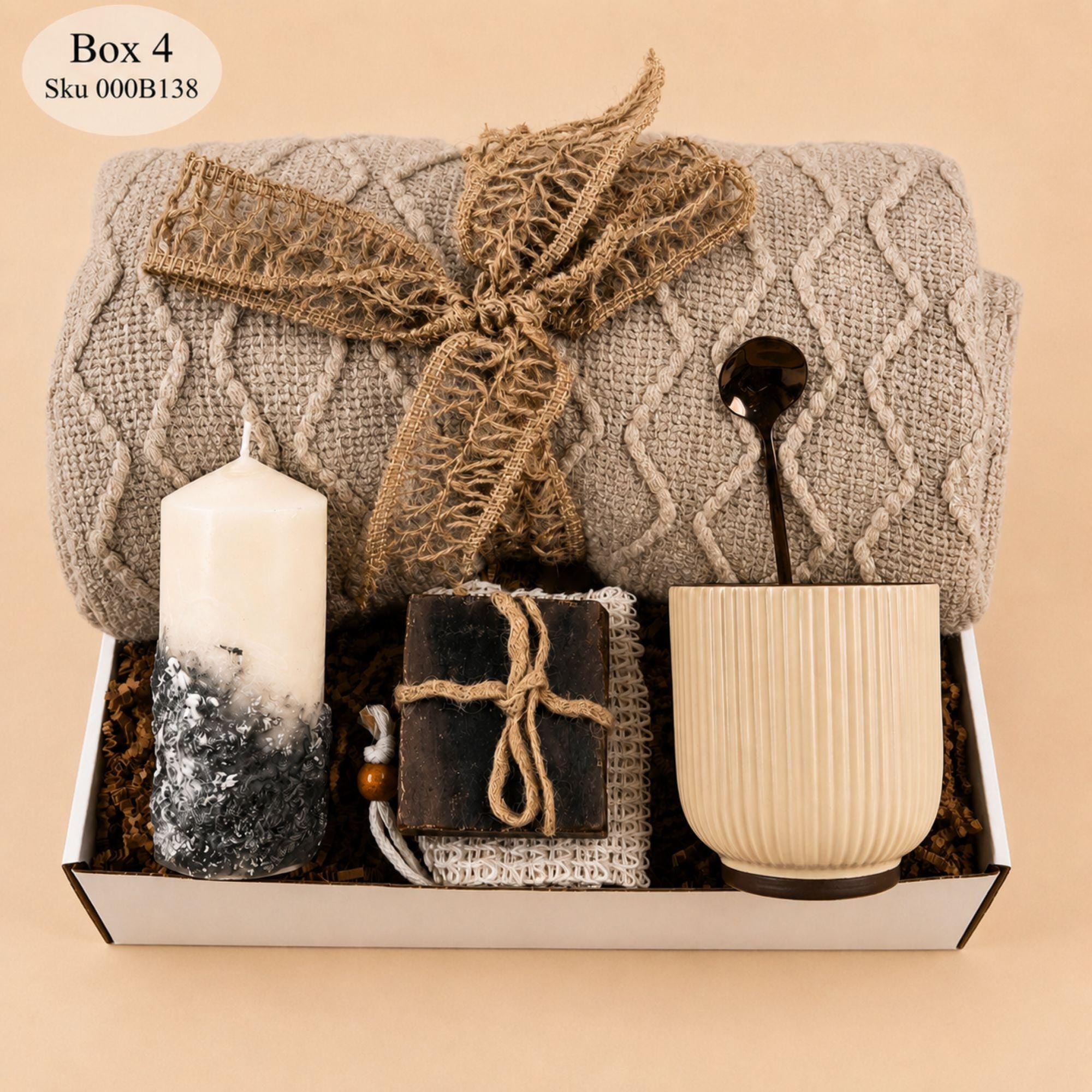 Luxury gift box for him with cozy beige blanket, artisan candle, handmade soap, ceramic mug and gold spoon, masculine self care basket for men, boyfriend gift box, husband birthday gift, cozy blanket gift set, comfort care package for him, get well soon gift for men, hygge relaxation gift basket, thoughtful handmade mens gift box, neutral earthy self care package for dad, boyfriend or coworker, ready to gift masculine care package