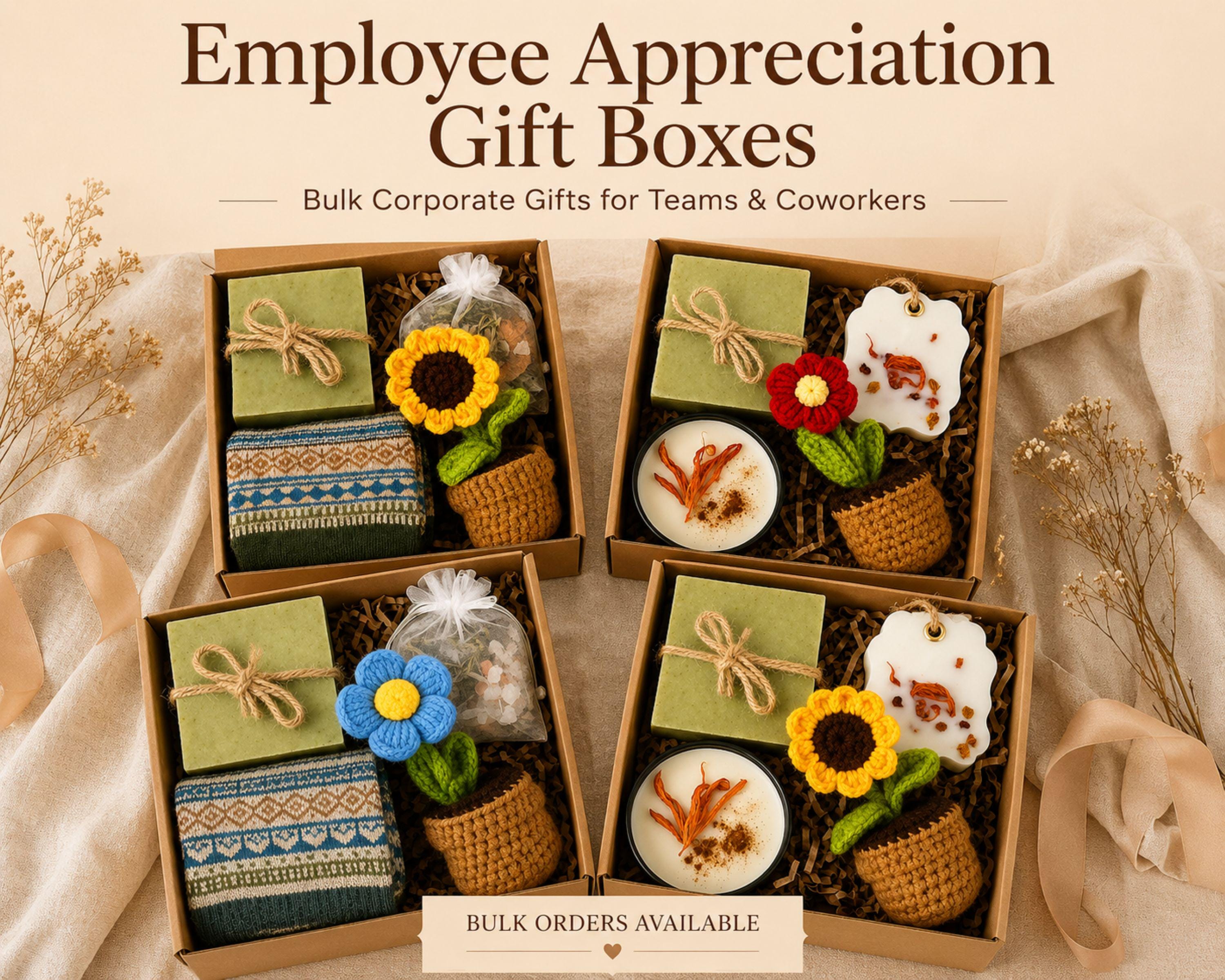 Bulk employee appreciation gift boxes with cozy self care items, blankets, mugs, candles, and relaxation gifts. Corporate coworker gift boxes for office staff, team appreciation gifts, employee thank you gifts, business client gifts, wellness care packages, remote employee gifts, company appreciation gift boxes, elegant neutral aesthetic corporate gifting, handmade office gift boxes for employees and coworkers.