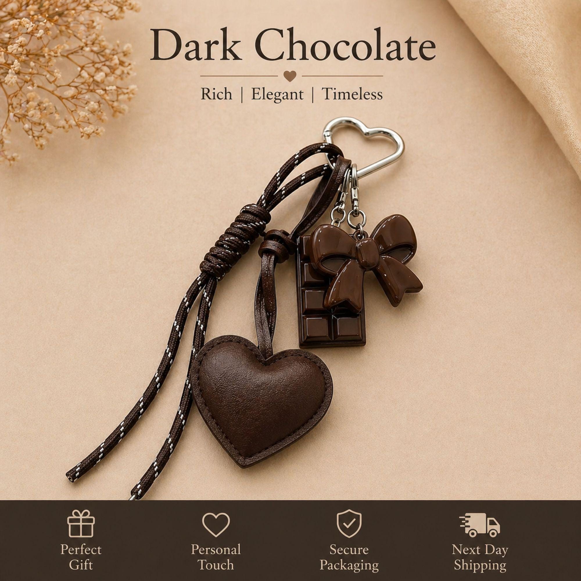 Dark chocolate heart bag charm with silver heart clip attached to luxury handbag, trendy coquette purse accessory with glossy bow charm and chocolate detail, aesthetic Y2K handbag charm, brown bag keychain gift for women, Pinterest style purse accessory, neutral aesthetic fashion charm, cute layered handbag accessory with leather heart detail
