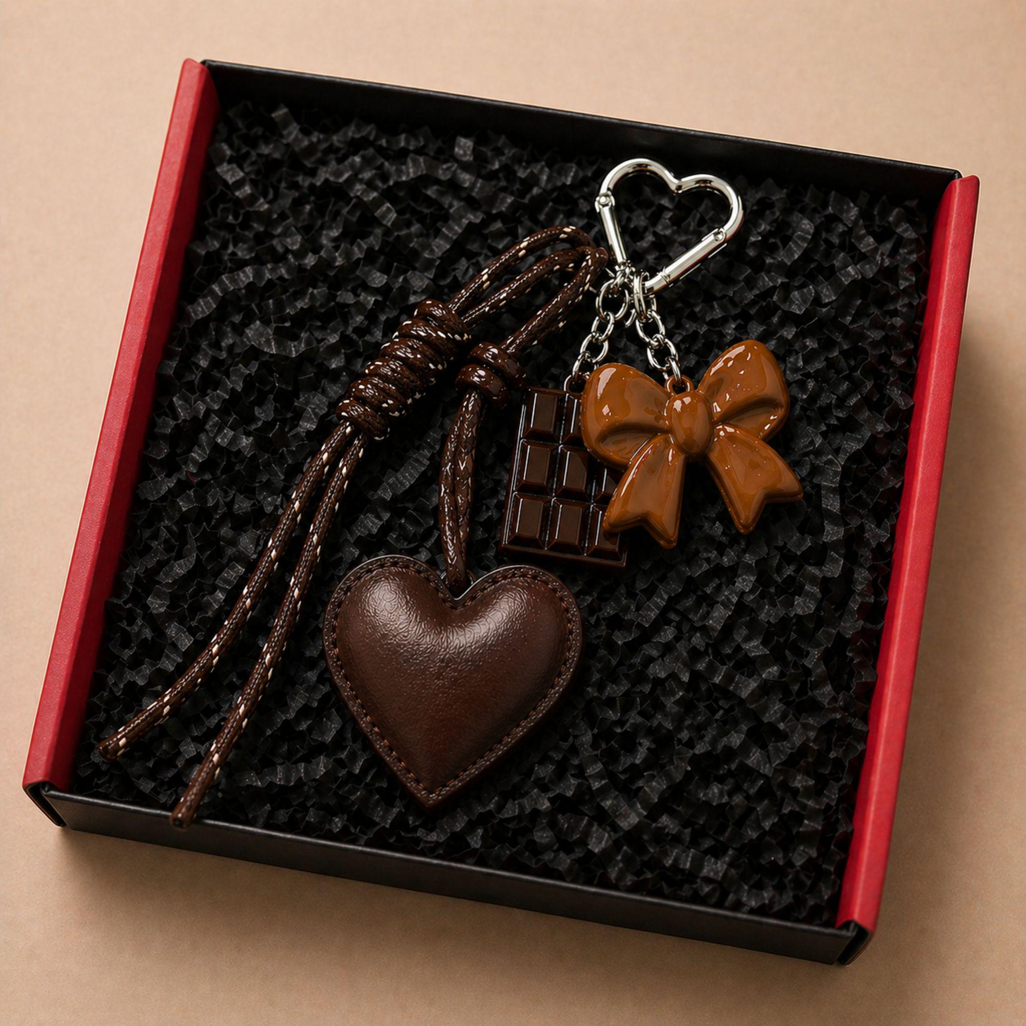 Dark chocolate heart bag charm with silver heart clip attached to luxury handbag, trendy coquette purse accessory with glossy bow charm and chocolate detail, aesthetic Y2K handbag charm, brown bag keychain gift for women, Pinterest style purse accessory, neutral aesthetic fashion charm, cute layered handbag accessory with leather heart detail