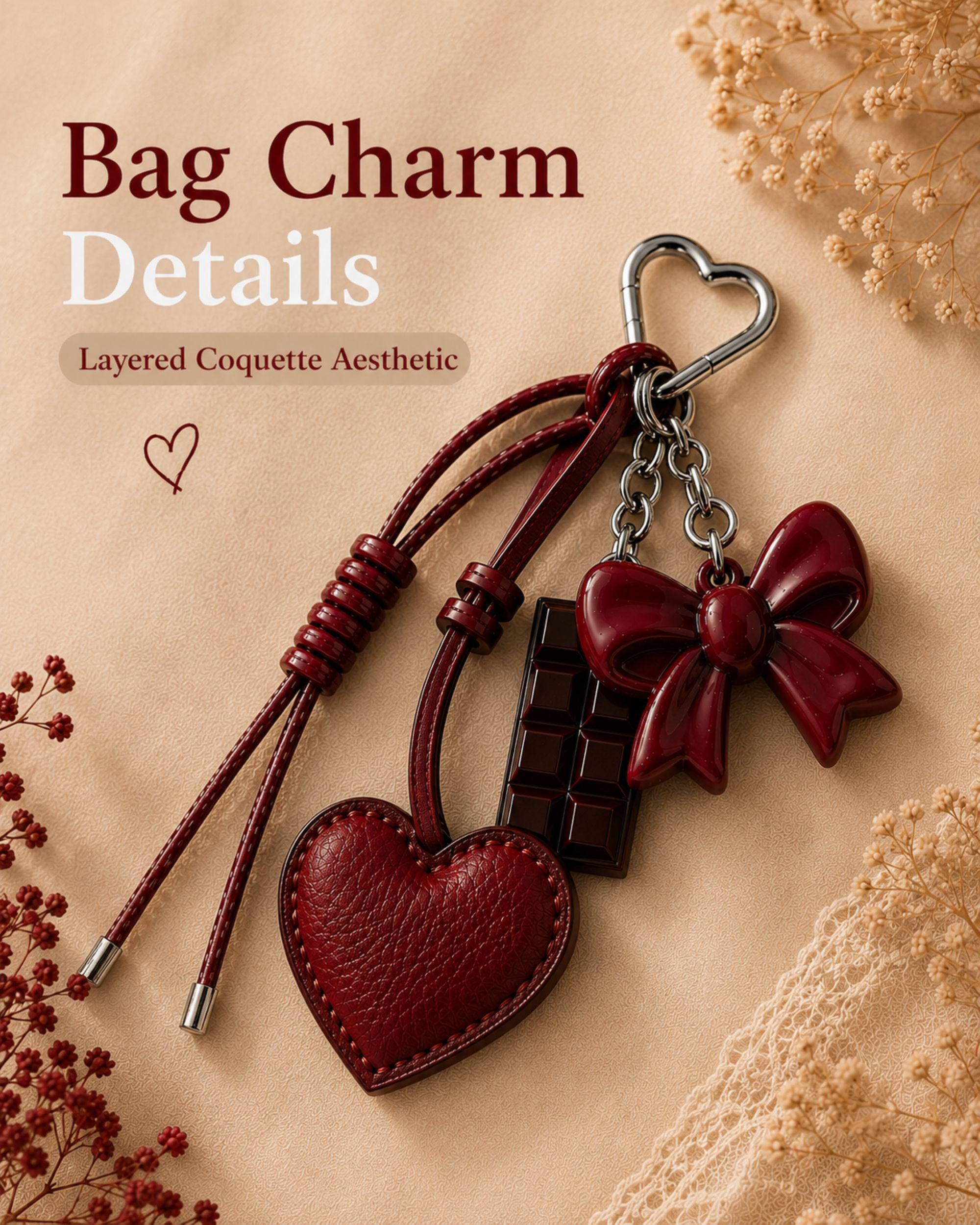 Wine red heart bag charm attached to cream handbag with silver heart clip, trendy coquette purse accessory with glossy red bow charm and chocolate detail, aesthetic Y2K handbag charm, romantic fashion purse accessory, cute layered bag keychain gift for women, Pinterest style statement handbag charm with leather heart detail