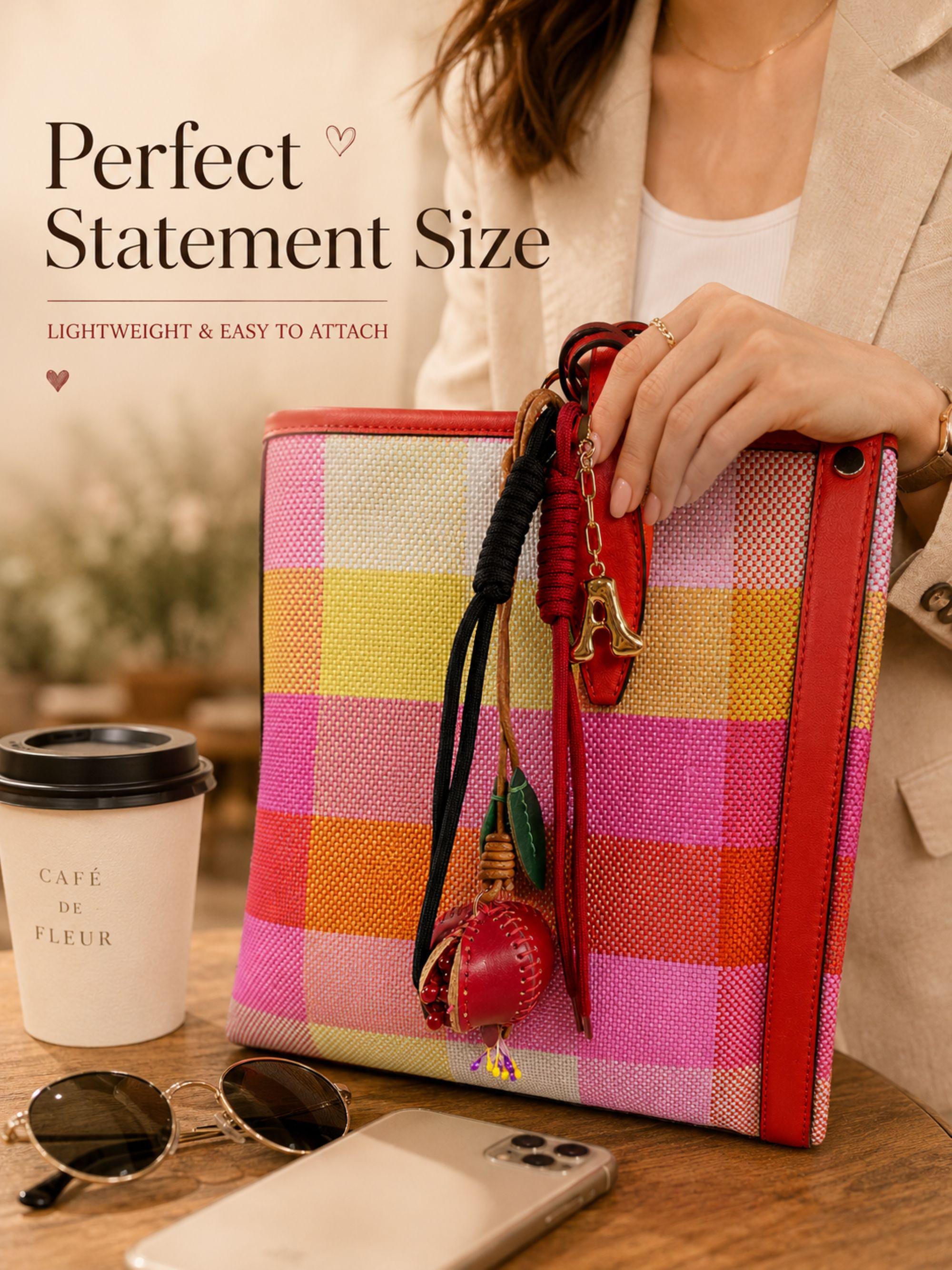 Personalized initial bag charm attached to colorful luxury tote bag with red leather trim, featuring handcrafted tassel cords, gold letter charm, artisan leather fruit accessory and boutique handbag styling. Luxury purse charm accessory for women, colorful handbag keychain, trendy tote bag decor, designer inspired purse accessory, custom initial charm gift for her, summer bag accessory, cute handbag charm, stylish purse keychain.