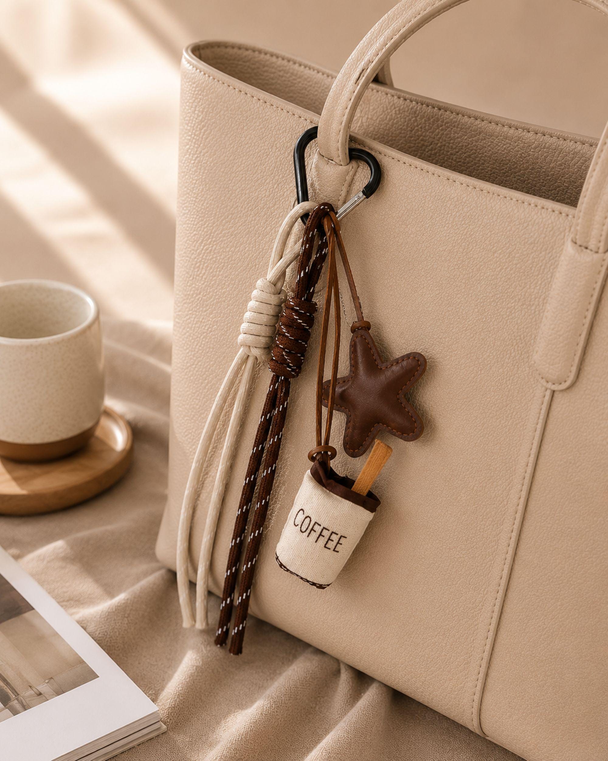 Coffee lover bag charm with neutral brown and cream tassels, soft star charm and handmade coffee cup accessory attached to beige handbag. Trendy purse charm for women with café aesthetic styling and minimalist boutique design. Cute handbag accessory for tote bags, backpacks and purses featuring layered rope details and cozy coffee inspired neutral tones. Fashionable coffee themed bag charm gift for coffee lovers and trendy everyday handbag styling.