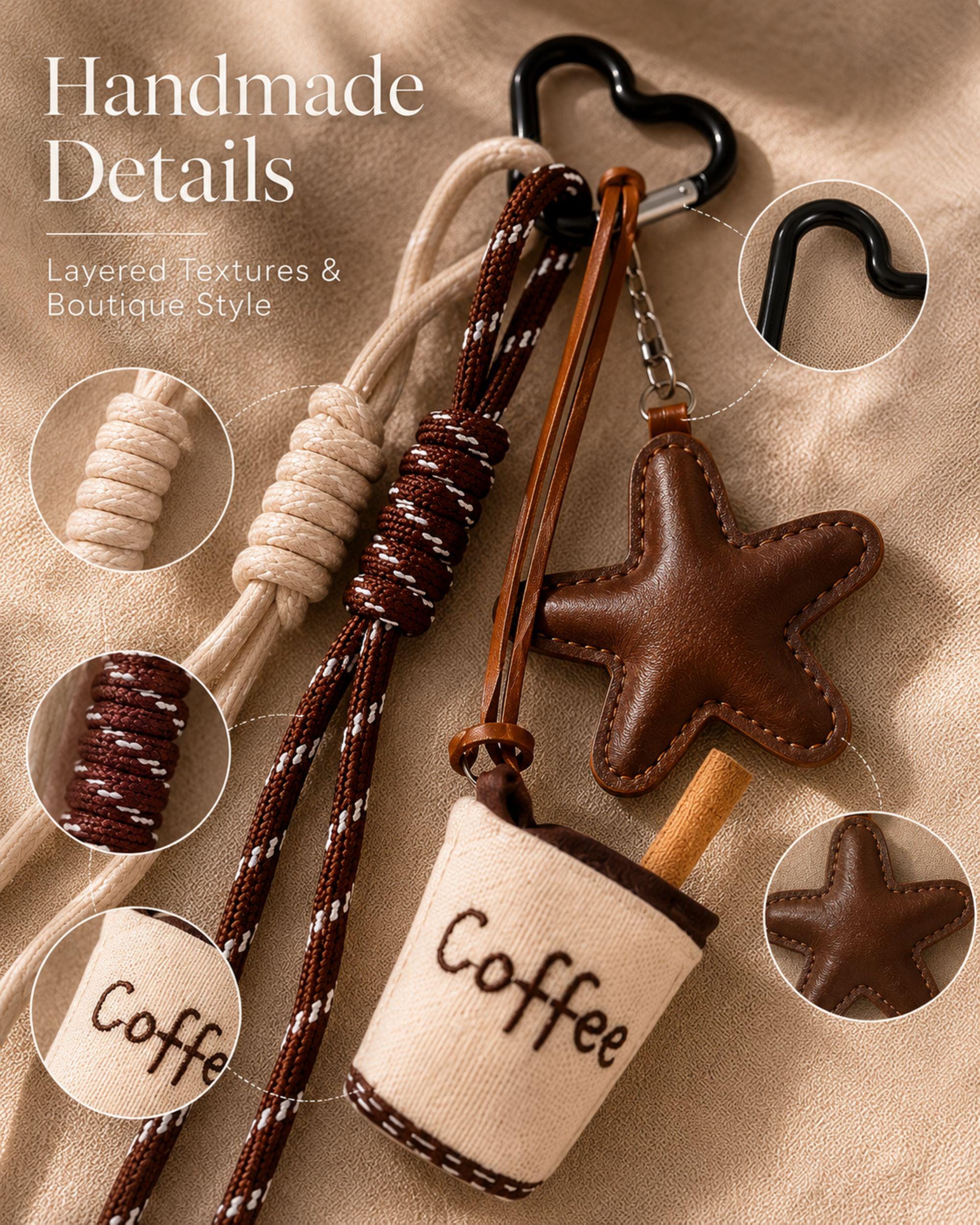 Coffee lover bag charm with neutral brown and cream tassels, soft star charm and handmade coffee cup accessory attached to beige handbag. Trendy purse charm for women with café aesthetic styling and minimalist boutique design. Cute handbag accessory for tote bags, backpacks and purses featuring layered rope details and cozy coffee inspired neutral tones. Fashionable coffee themed bag charm gift for coffee lovers and trendy everyday handbag styling.
