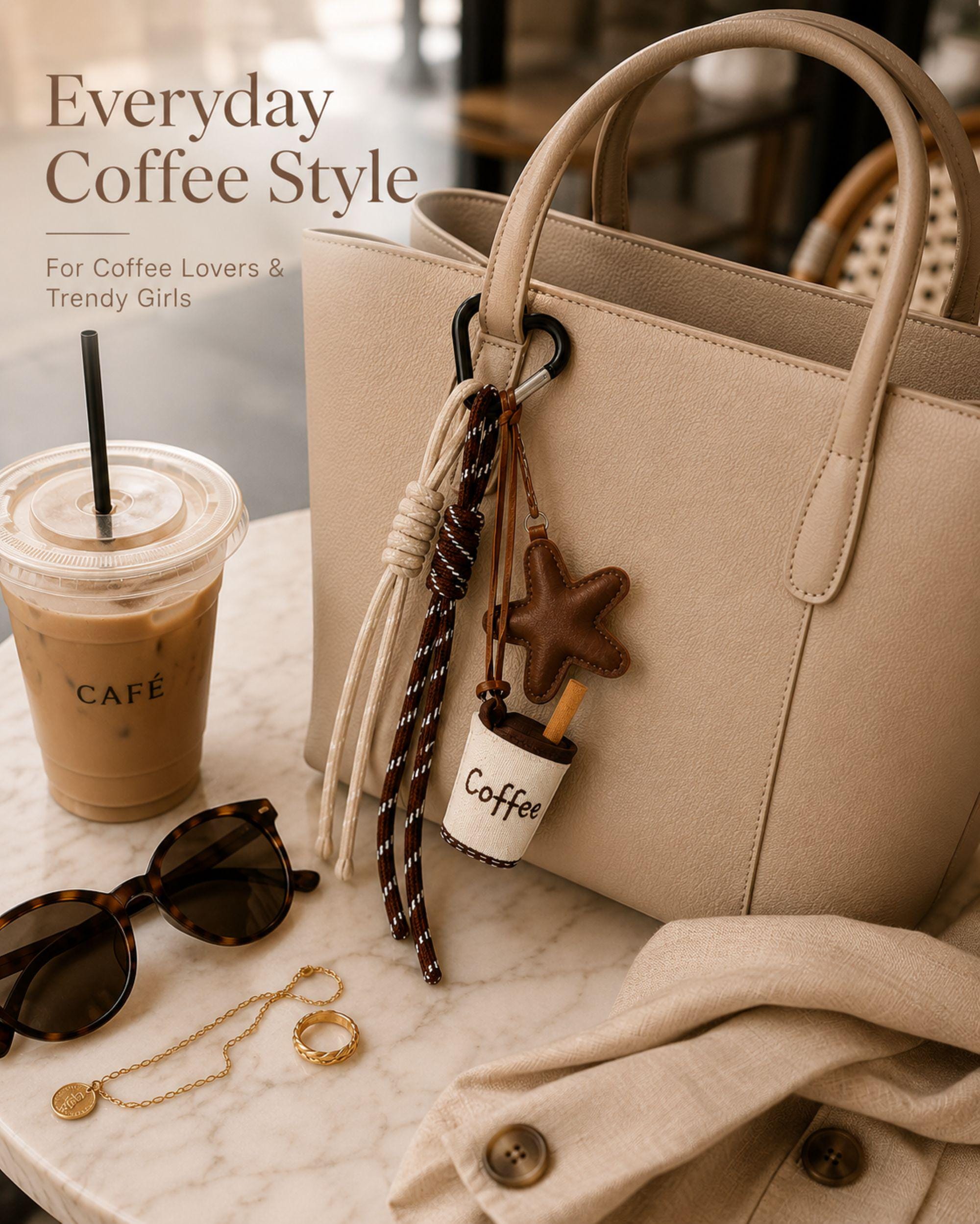 Coffee lover bag charm with neutral brown and cream tassels, soft star charm and handmade coffee cup accessory attached to beige handbag. Trendy purse charm for women with café aesthetic styling and minimalist boutique design. Cute handbag accessory for tote bags, backpacks and purses featuring layered rope details and cozy coffee inspired neutral tones. Fashionable coffee themed bag charm gift for coffee lovers and trendy everyday handbag styling.