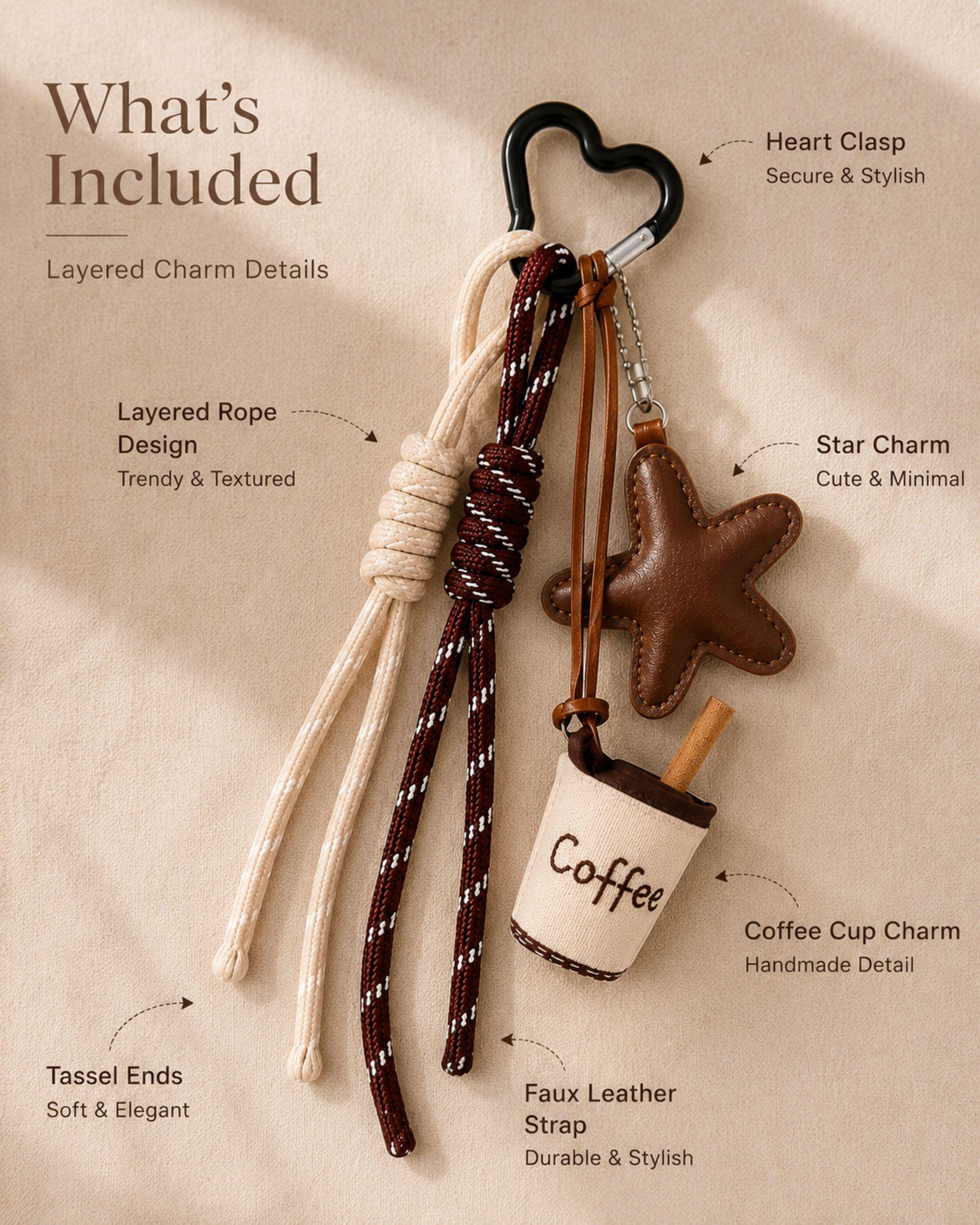 Coffee lover bag charm with neutral brown and cream tassels, soft star charm and handmade coffee cup accessory attached to beige handbag. Trendy purse charm for women with café aesthetic styling and minimalist boutique design. Cute handbag accessory for tote bags, backpacks and purses featuring layered rope details and cozy coffee inspired neutral tones. Fashionable coffee themed bag charm gift for coffee lovers and trendy everyday handbag styling.