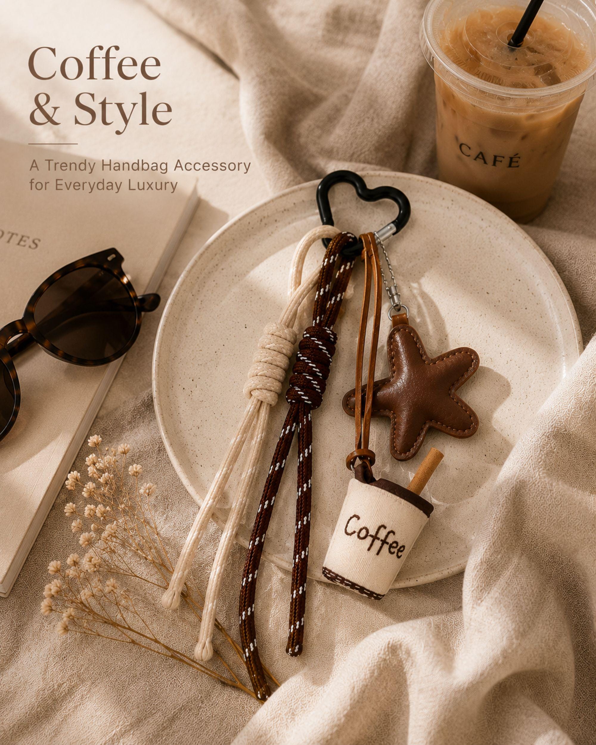 Coffee lover bag charm with neutral brown and cream tassels, soft star charm and handmade coffee cup accessory attached to beige handbag. Trendy purse charm for women with café aesthetic styling and minimalist boutique design. Cute handbag accessory for tote bags, backpacks and purses featuring layered rope details and cozy coffee inspired neutral tones. Fashionable coffee themed bag charm gift for coffee lovers and trendy everyday handbag styling.