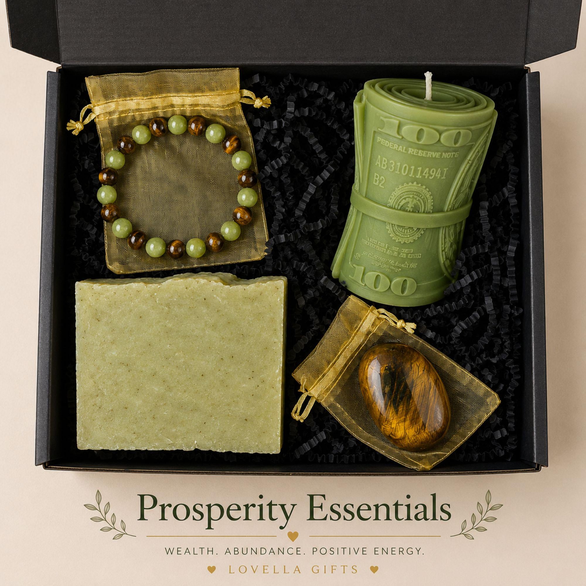 Money manifestation gift box featuring Tiger's Eye bracelet, prosperity stone, money candle and handmade soap. Prosperity gift set for wealth and abundance, entrepreneur gift, success crystal gift, good luck gift, financial success gift, law of attraction gift and wealth attraction gift ready to gift.
