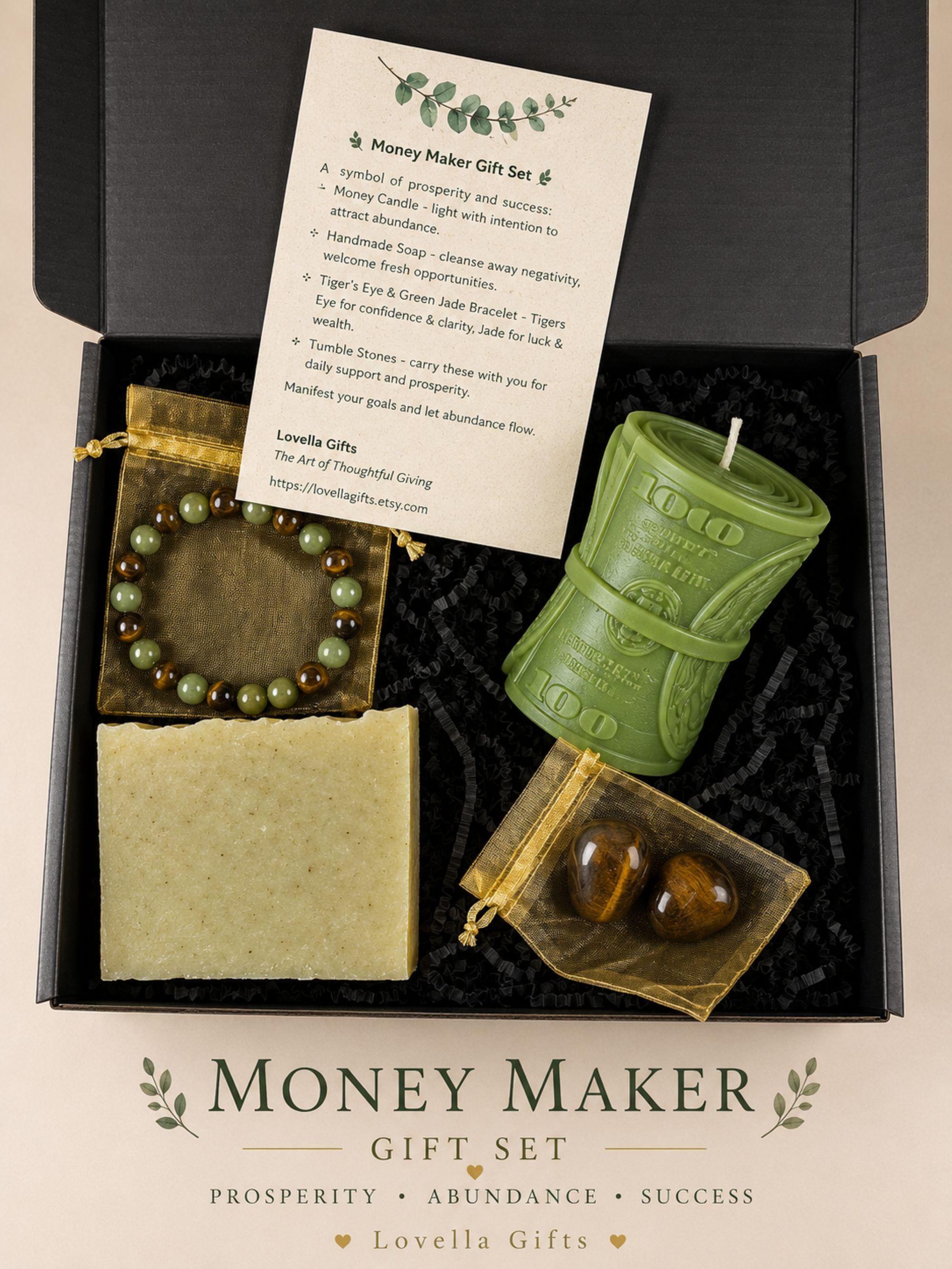 Money manifestation gift box featuring Tiger's Eye bracelet, prosperity stone, money candle and handmade soap. Prosperity gift set for wealth and abundance, entrepreneur gift, success crystal gift, good luck gift, financial success gift, law of attraction gift and wealth attraction gift ready to gift.