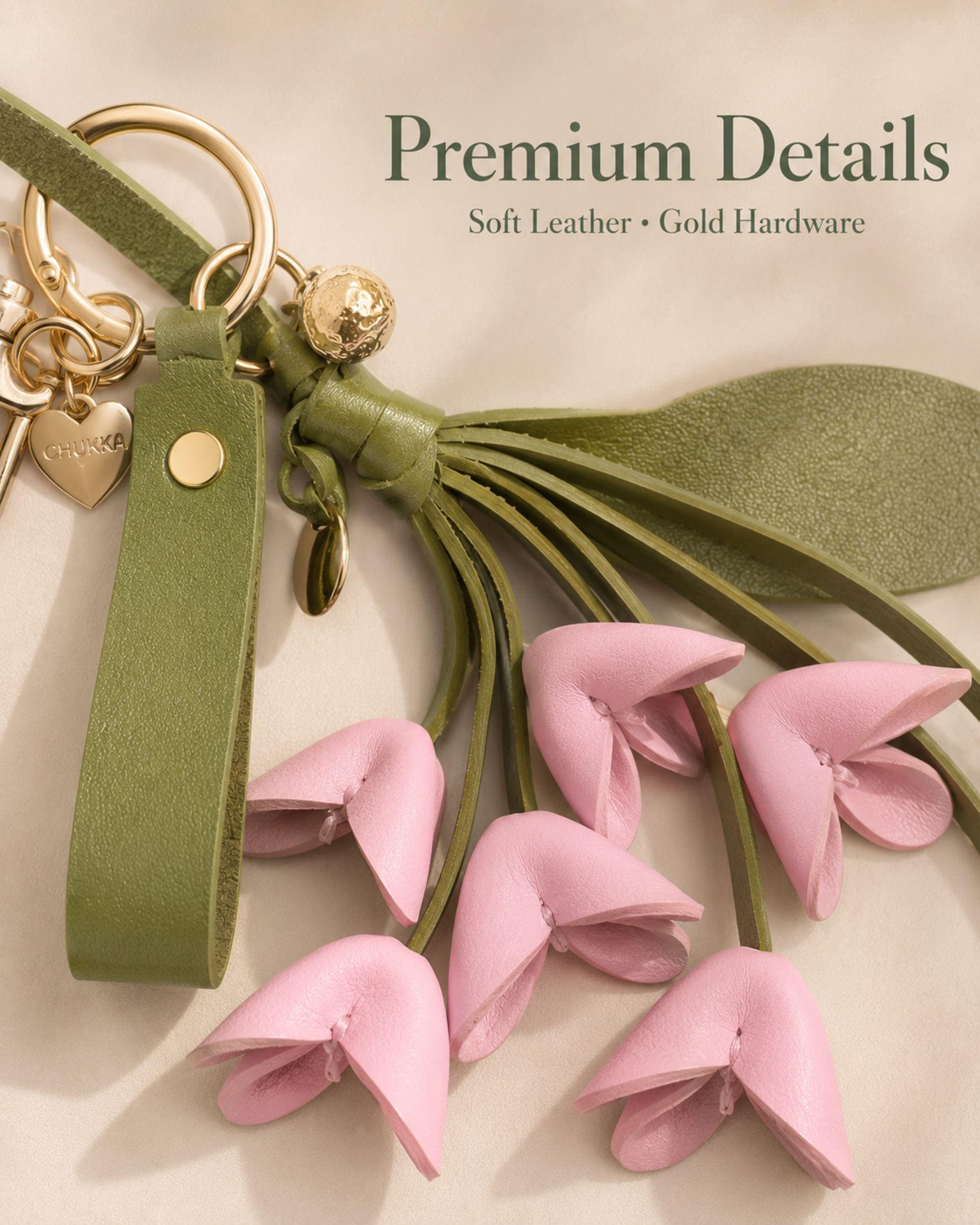 Pink floral leather bag charm with olive green strap and tassel, cute flower purse charm for women, aesthetic handbag accessory, feminine spring bag charm, luxury keychain charm, trendy purse accessory, soft girl bag decor, botanical leather keychain, flower bag accessory for tote bag, luxury handbag charm, coquette style purse charm, floral key holder, cute pink flower keychain gift for her, handmade aesthetic purse accessory