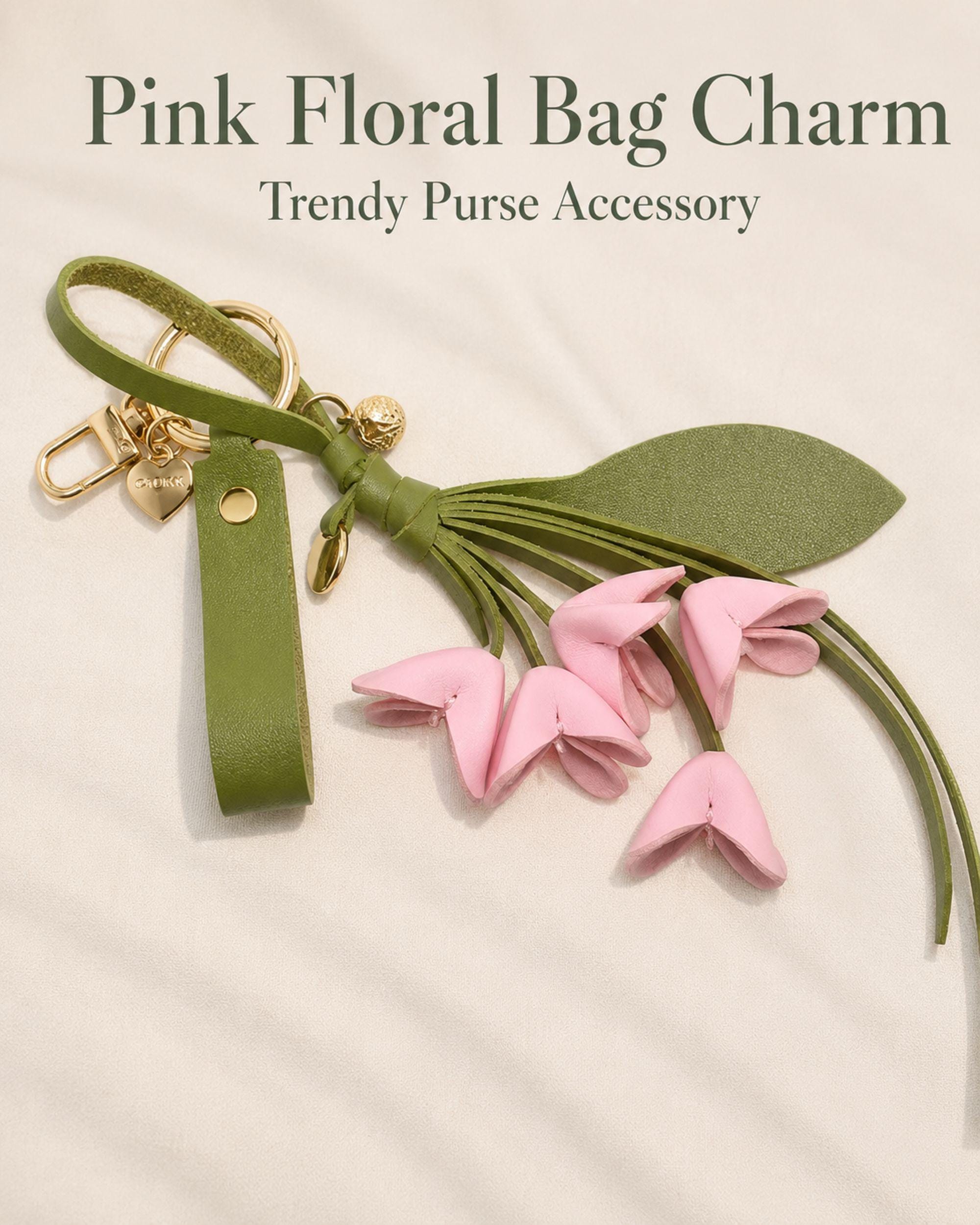 Pink floral leather bag charm with olive green strap and tassel, cute flower purse charm for women, aesthetic handbag accessory, feminine spring bag charm, luxury keychain charm, trendy purse accessory, soft girl bag decor, botanical leather keychain, flower bag accessory for tote bag, luxury handbag charm, coquette style purse charm, floral key holder, cute pink flower keychain gift for her, handmade aesthetic purse accessory