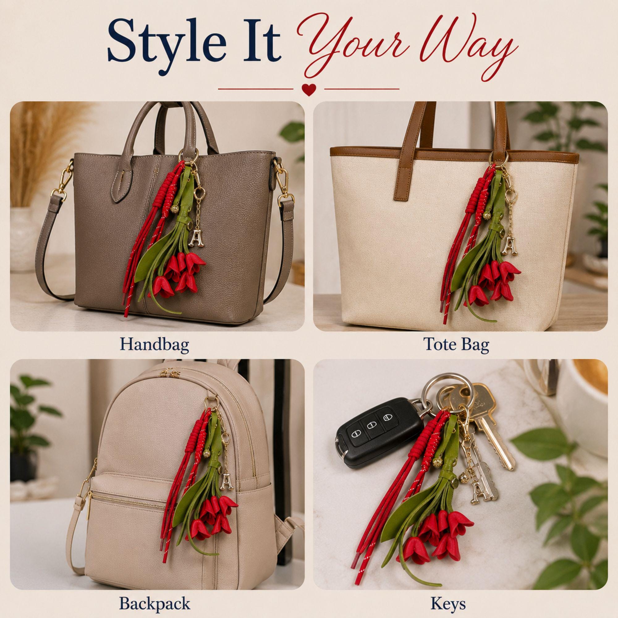 red tulip bag charm, floral purse charm, personalized initial keychain, handbag accessory for women, red flower keychain, tulip handbag charm, tote bag accessory, backpack charm, custom initial charm, gift for mom, gift for sister, gift for friend, floral bag decoration, boutique handbag accessory, red tulip keychain, personalized purse charm, cute bag charm, fashionable handbag accessory, women's bag charm, floral gift for her