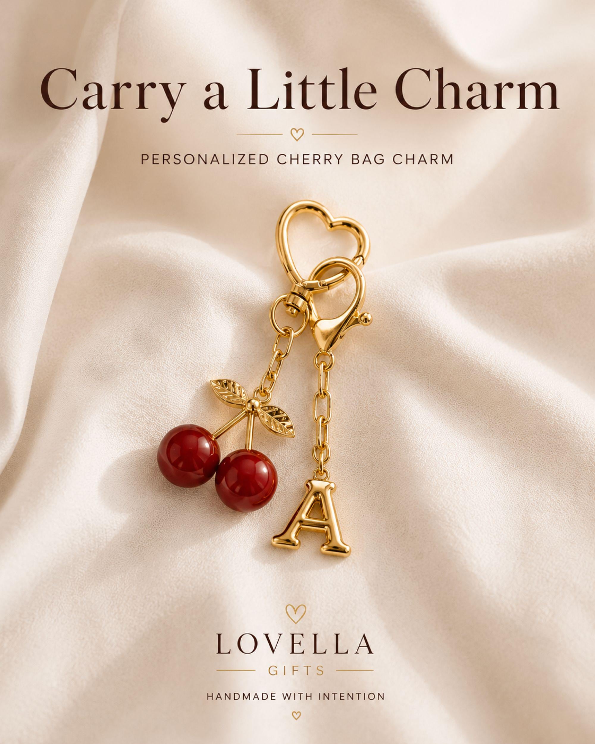 personalized cherry bag charm with initial letter, custom cherry keychain for women, red cherry purse charm, gold handbag accessory, cute bag charm for tote bag, aesthetic cherry keychain, custom initial purse charm, gift for her, sister gift, best friend gift, teen girl gift, personalized handbag accessory, trendy cherry charm, coquette bag charm, red cherry keyring, custom letter keychain, fashionable purse accessory, handmade gift, boutique bag charm, luxury handbag charm