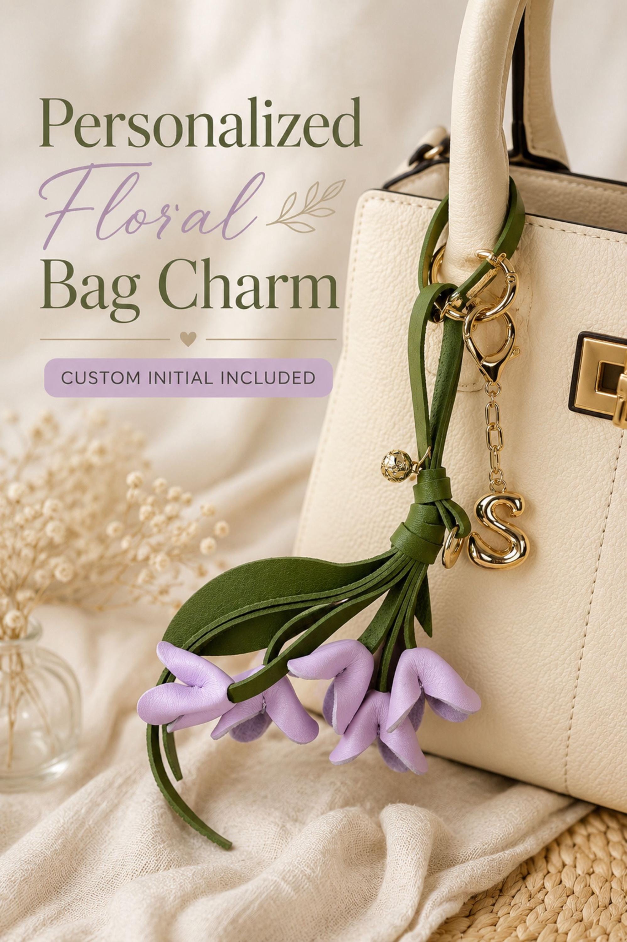 personalized floral bag charm with initial letter, lilac flower keychain, handmade purse charm, handbag accessory for women, custom initial charm, sage green tassel keychain, botanical purse accessory, personalized gift for mom, sister gift idea, bridesmaid gift, elegant handbag charm, flower purse decoration, custom keychain for women, lilac floral bag accessory, boutique handmade keychain