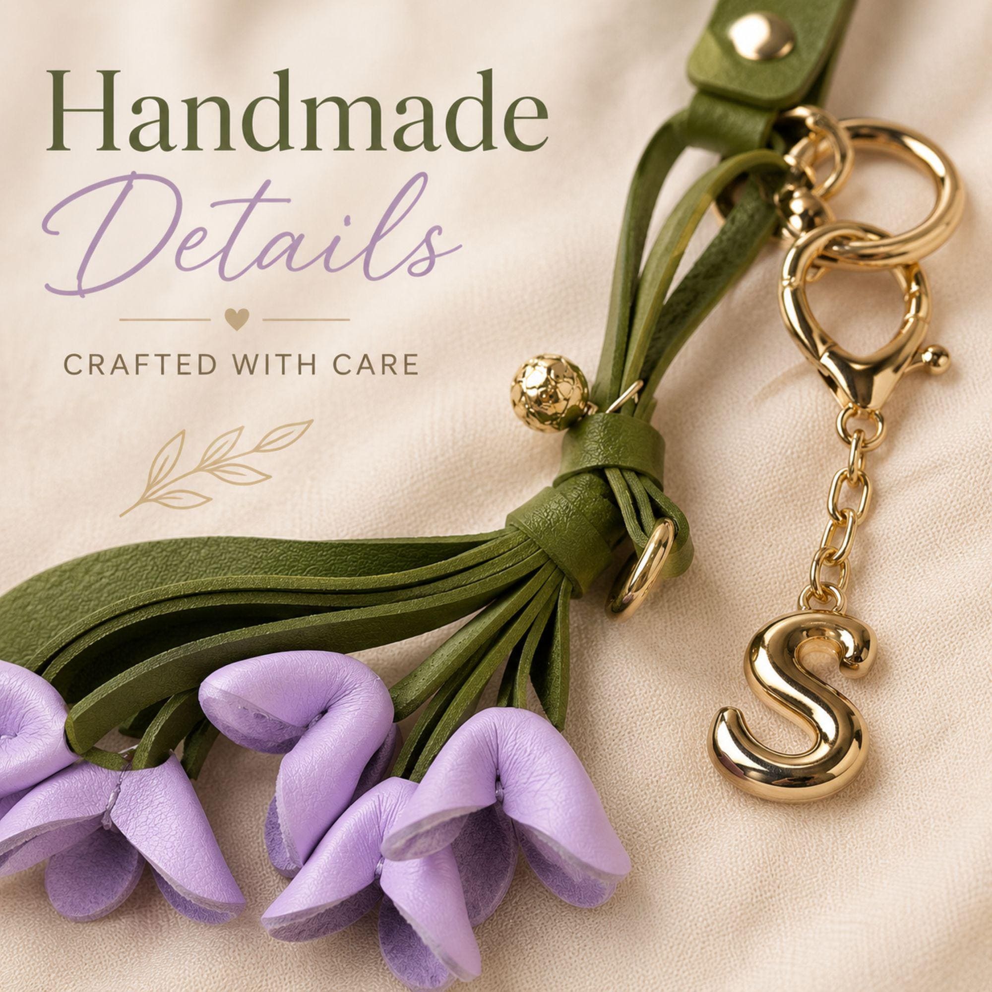 personalized floral bag charm with initial letter, lilac flower keychain, handmade purse charm, handbag accessory for women, custom initial charm, sage green tassel keychain, botanical purse accessory, personalized gift for mom, sister gift idea, bridesmaid gift, elegant handbag charm, flower purse decoration, custom keychain for women, lilac floral bag accessory, boutique handmade keychain