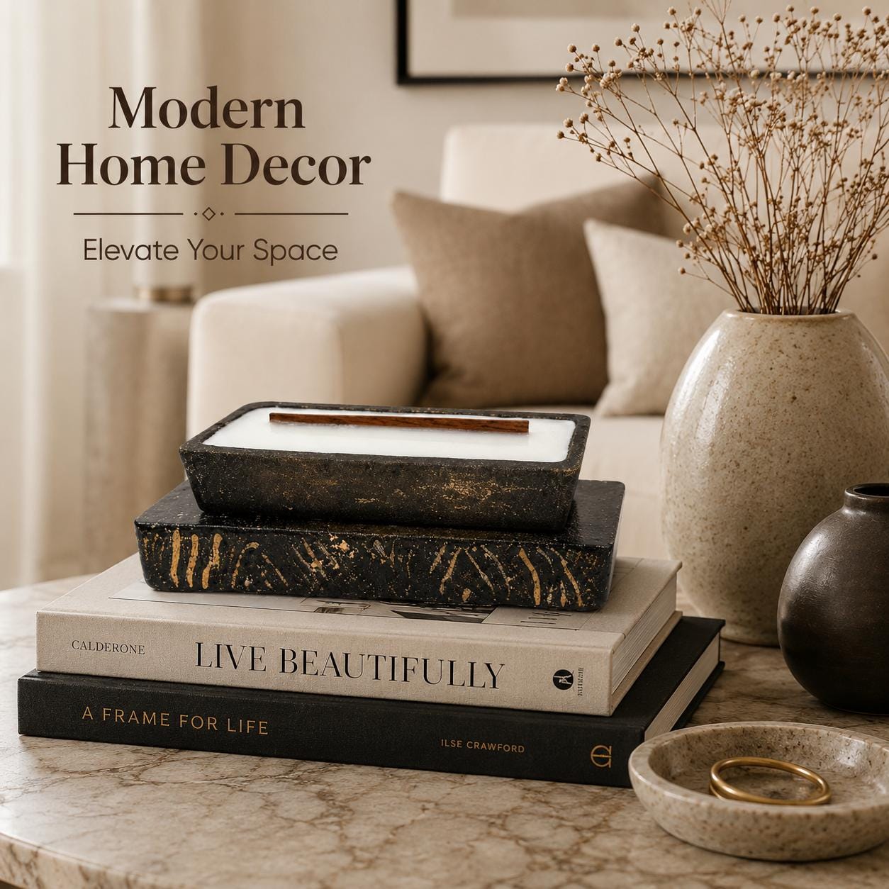 Luxury decorative candle displayed on a coffee table with designer books and ceramic vase, handmade sculptural candle for modern home decor, elegant living room styling, housewarming gift, and contemporary interior decoration.