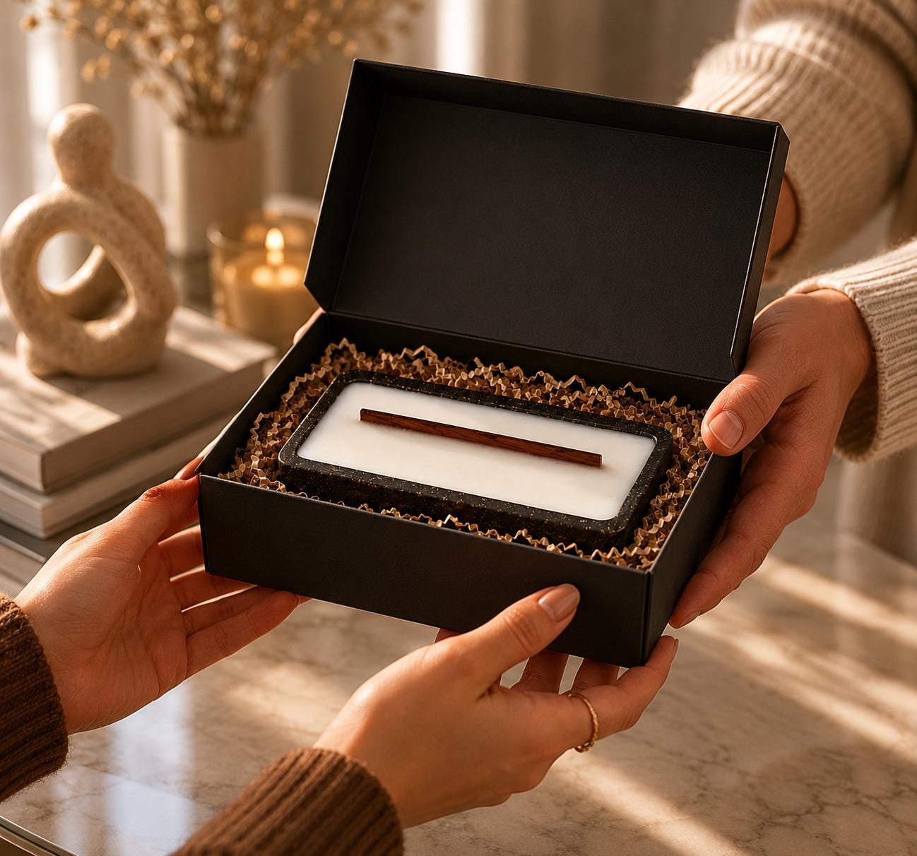 Luxury gift box containing a handmade decorative candle being exchanged between hands, elegant housewarming gift, modern home decor present, artisan candle gift, thoughtful birthday gift, and sophisticated interior decor accessory.