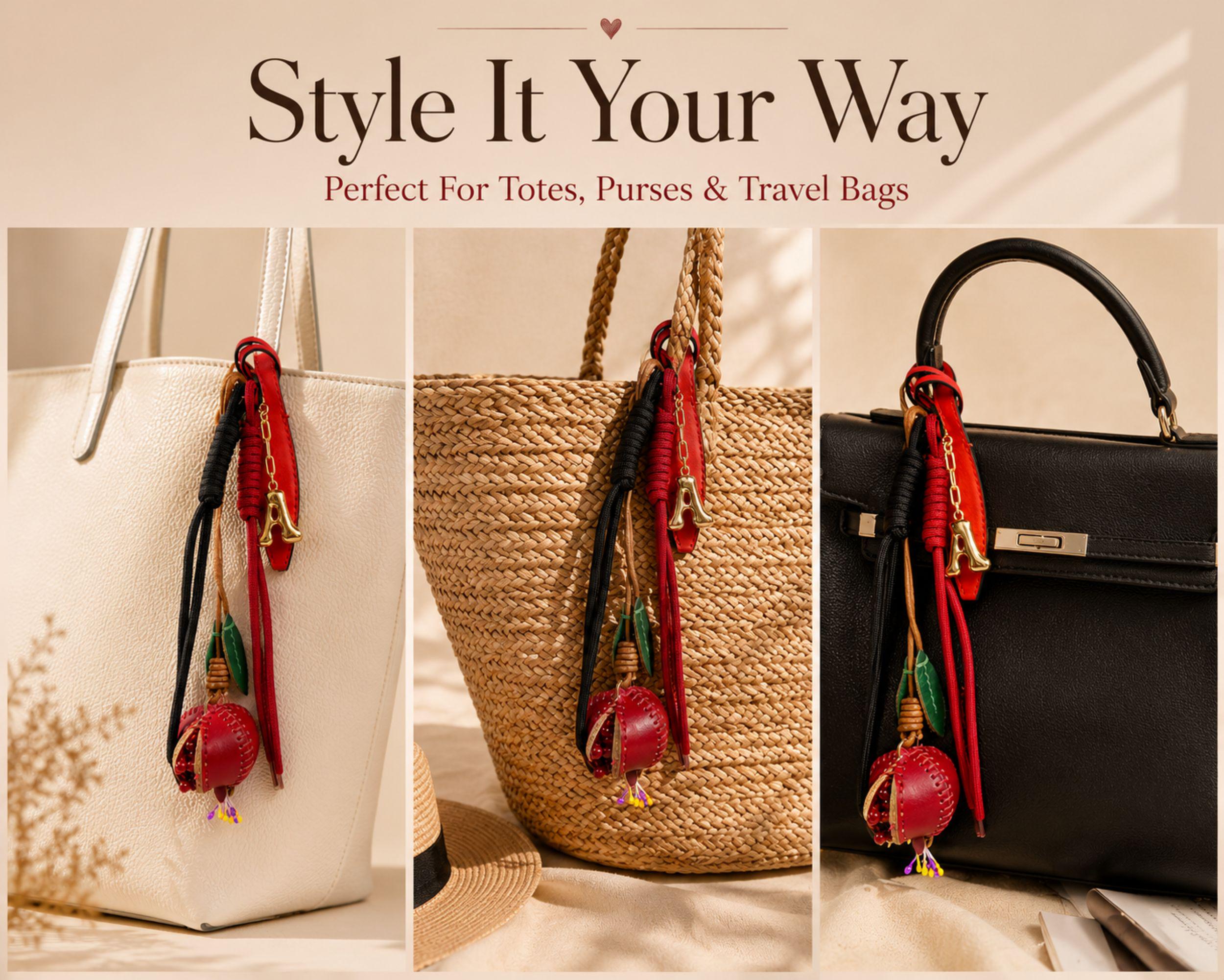 Personalized initial bag charm attached to colorful luxury tote bag with red leather trim, featuring handcrafted tassel cords, gold letter charm, artisan leather fruit accessory and boutique handbag styling. Luxury purse charm accessory for women, colorful handbag keychain, trendy tote bag decor, designer inspired purse accessory, custom initial charm gift for her, summer bag accessory, cute handbag charm, stylish purse keychain.