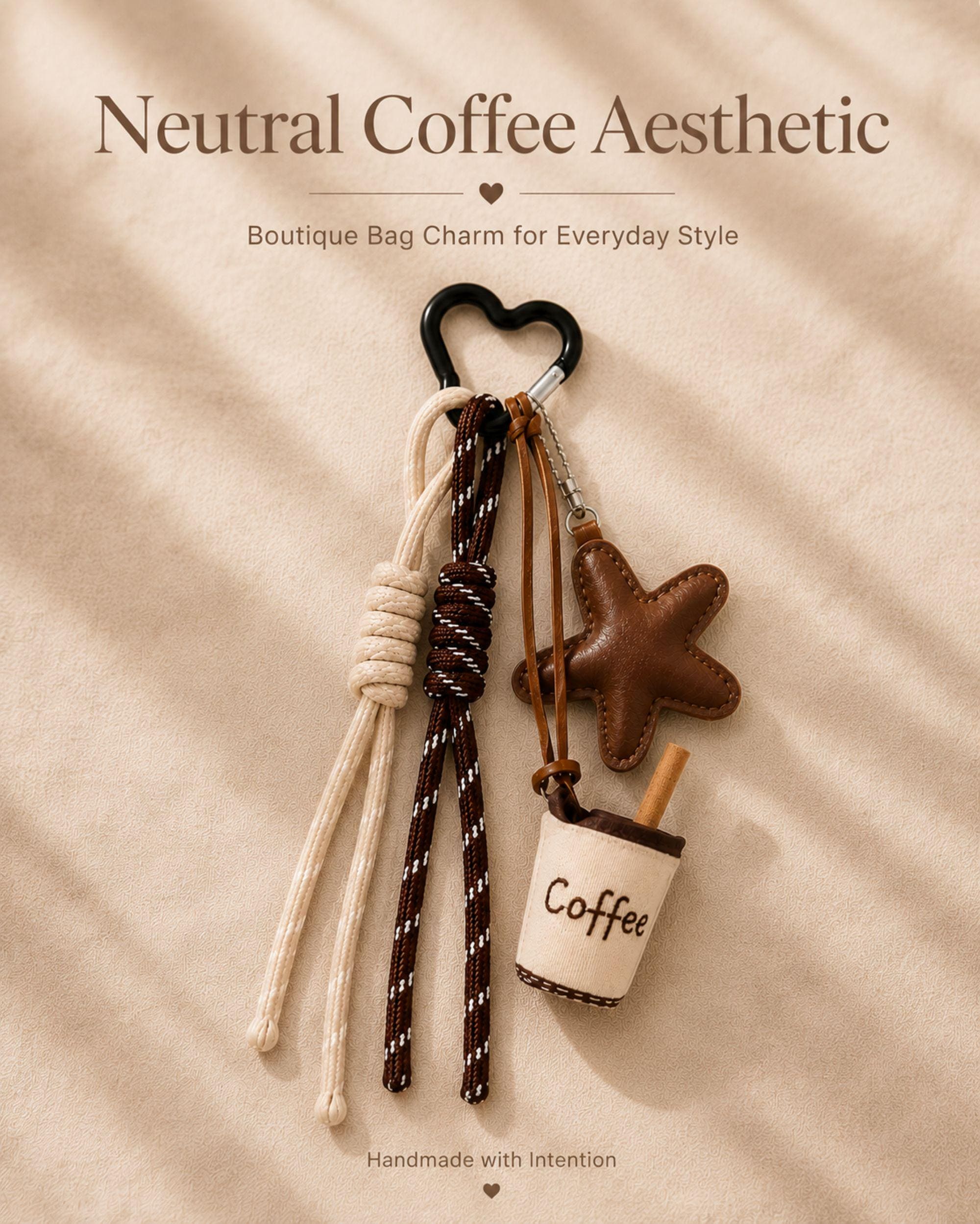 Coffee lover bag charm with neutral brown and cream tassels, soft star charm and handmade coffee cup accessory attached to beige handbag. Trendy purse charm for women with café aesthetic styling and minimalist boutique design. Cute handbag accessory for tote bags, backpacks and purses featuring layered rope details and cozy coffee inspired neutral tones. Fashionable coffee themed bag charm gift for coffee lovers and trendy everyday handbag styling.