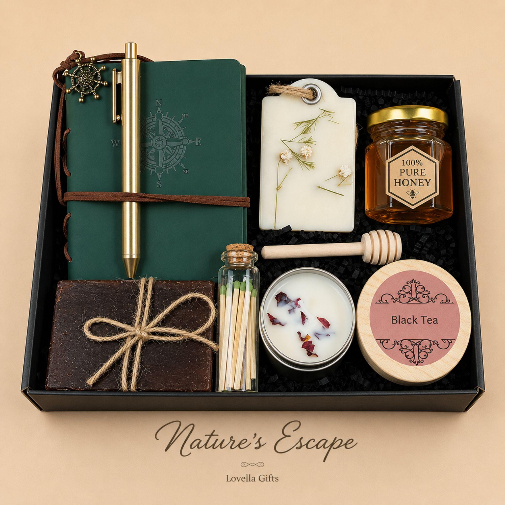 Horse lover gift box for men featuring journal, pen, coffee soap, honey, decorative horse candle, bath salts and matches, cowboy gift set, birthday gift for him, dad gift basket, husband gift box, boyfriend gift, coffee lover care package, western themed gift box, luxury self care gift for men, ranch gift, thoughtful journal gift set, handmade Florida gift box
