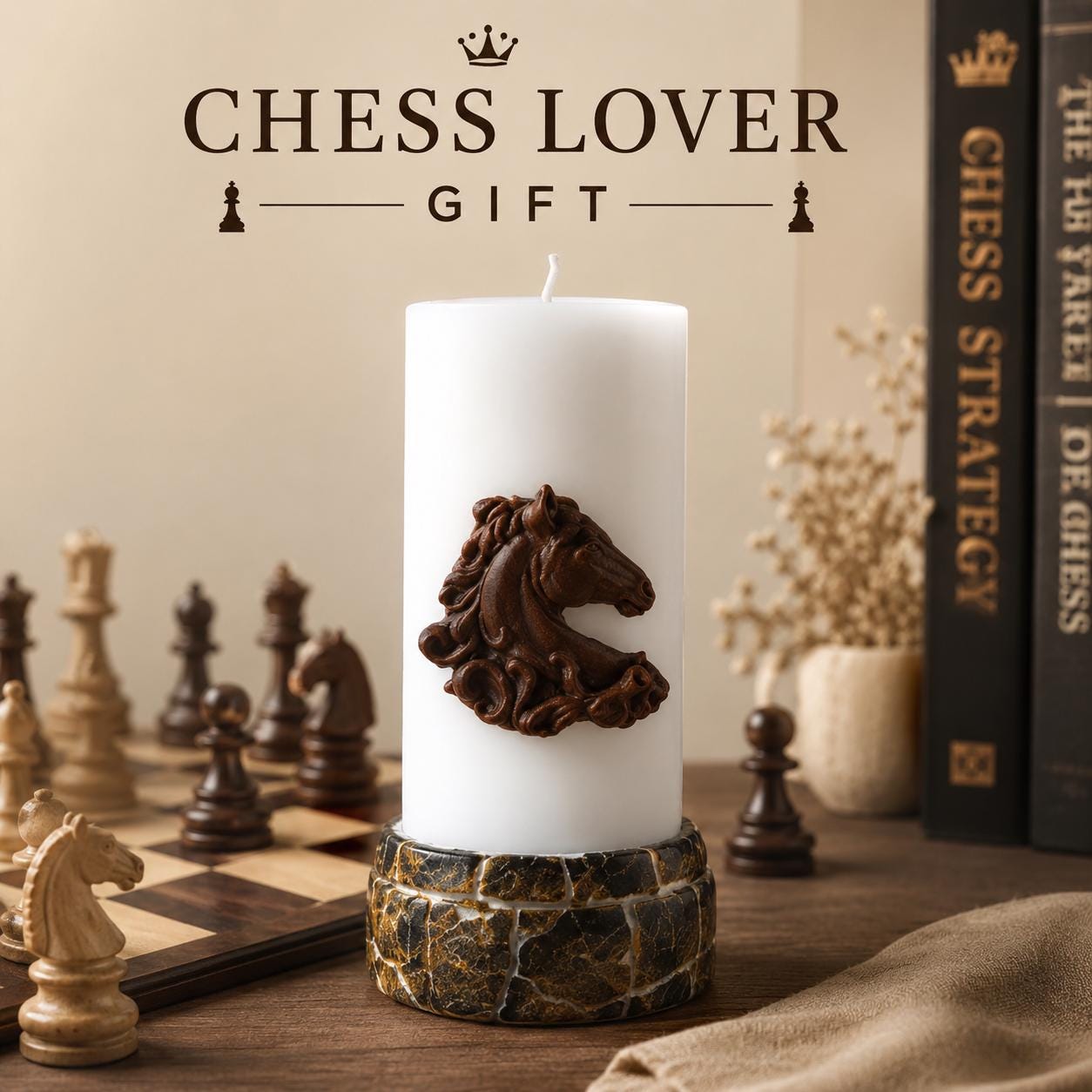 Chess Knight candle featuring an elegant horse head sculpture on a white pillar candle, displayed beside a chessboard and chess pieces, unique chess lover gift and sophisticated chess room decor.