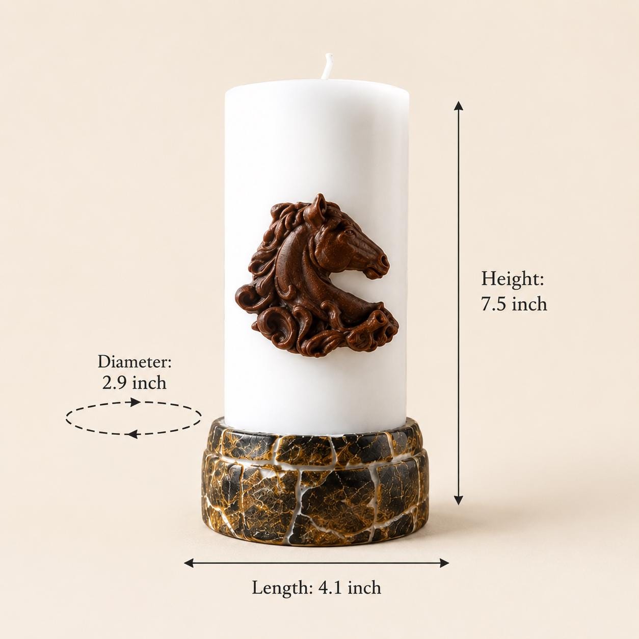 Chess Knight candle size guide showing a white decorative candle with detailed horse head relief, featuring dimensions of 7.5 inch height, 4.1 inch length, and 2.9 inch diameter on a clean beige background.