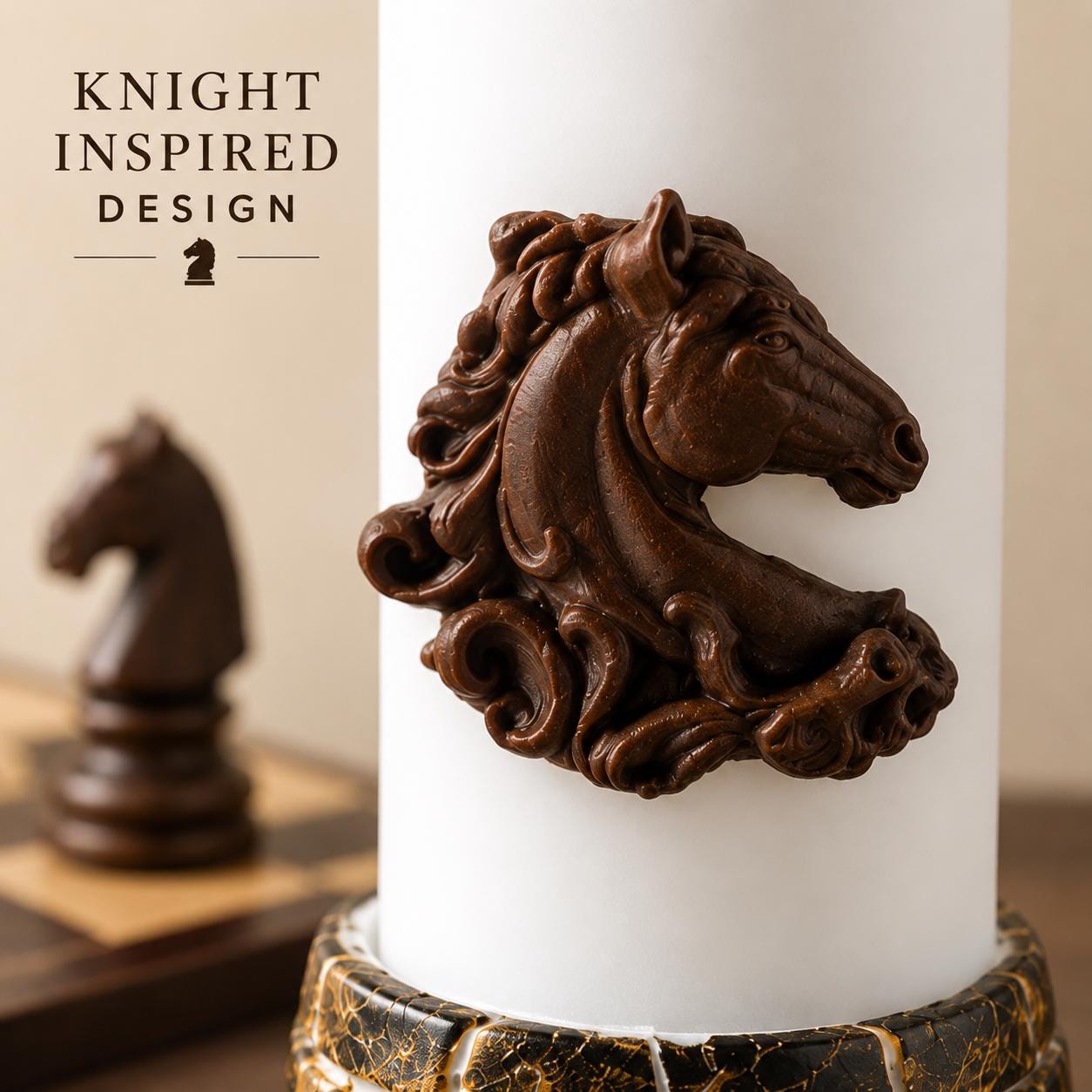 Close-up of a Chess Knight candle featuring an intricately sculpted horse head relief on a white pillar candle, highlighting fine craftsmanship and elegant chess-inspired design with a chess piece in the background.