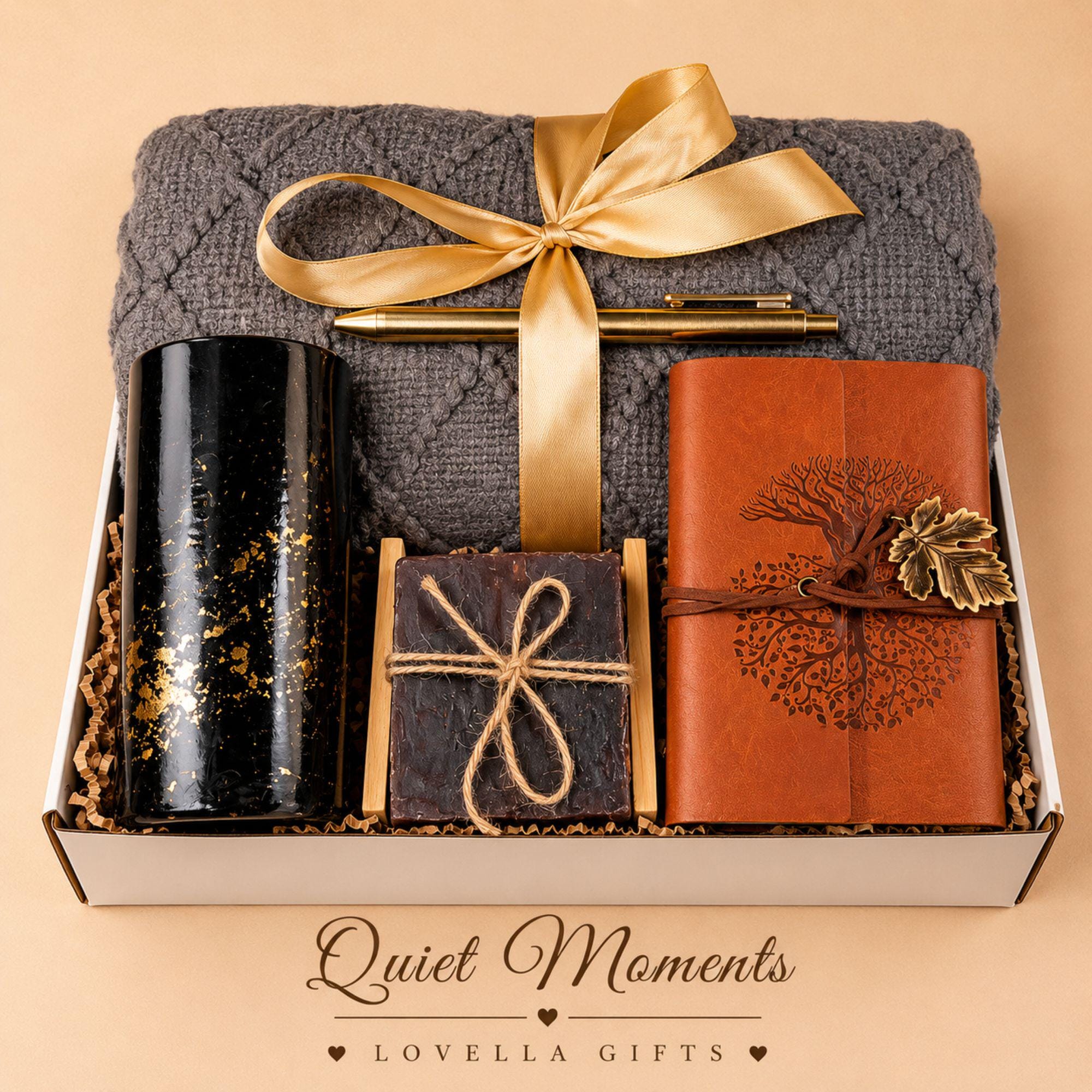 Fathers Day gift box for dad featuring cozy knit blanket, luxury candle, handmade soap, ceramic mug and gold spoon. Self care gift basket for men, birthday gift for dad, gift for husband, boyfriend, grandpa or brother. Corporate thank you gift, employee appreciation gift, relaxation gift box for him, cozy comfort care package, premium men's gift set ready to gift.