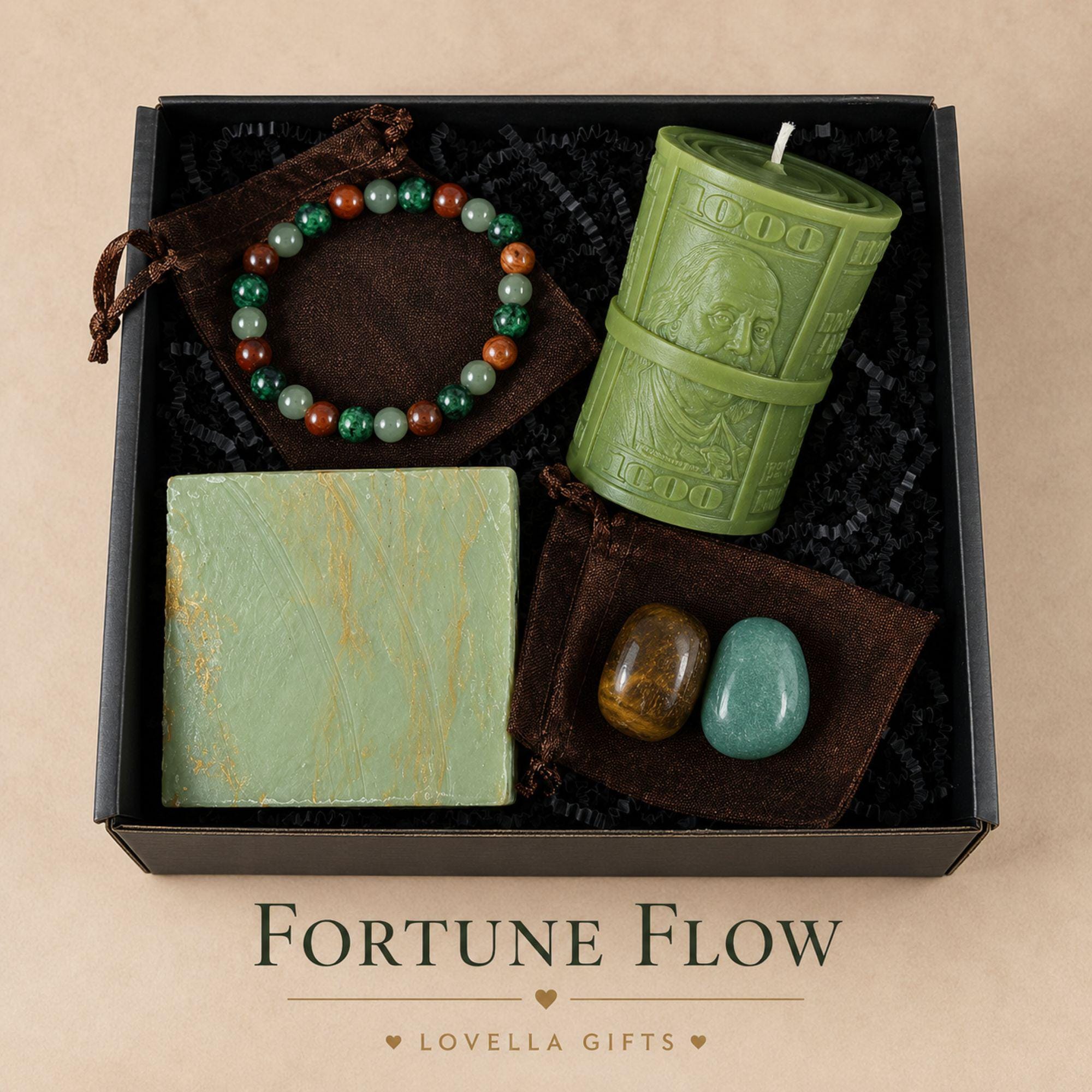 Money manifestation gift box featuring Tiger's Eye bracelet, prosperity stone, money candle and handmade soap. Prosperity gift set for wealth and abundance, entrepreneur gift, success crystal gift, good luck gift, financial success gift, law of attraction gift and wealth attraction gift ready to gift.