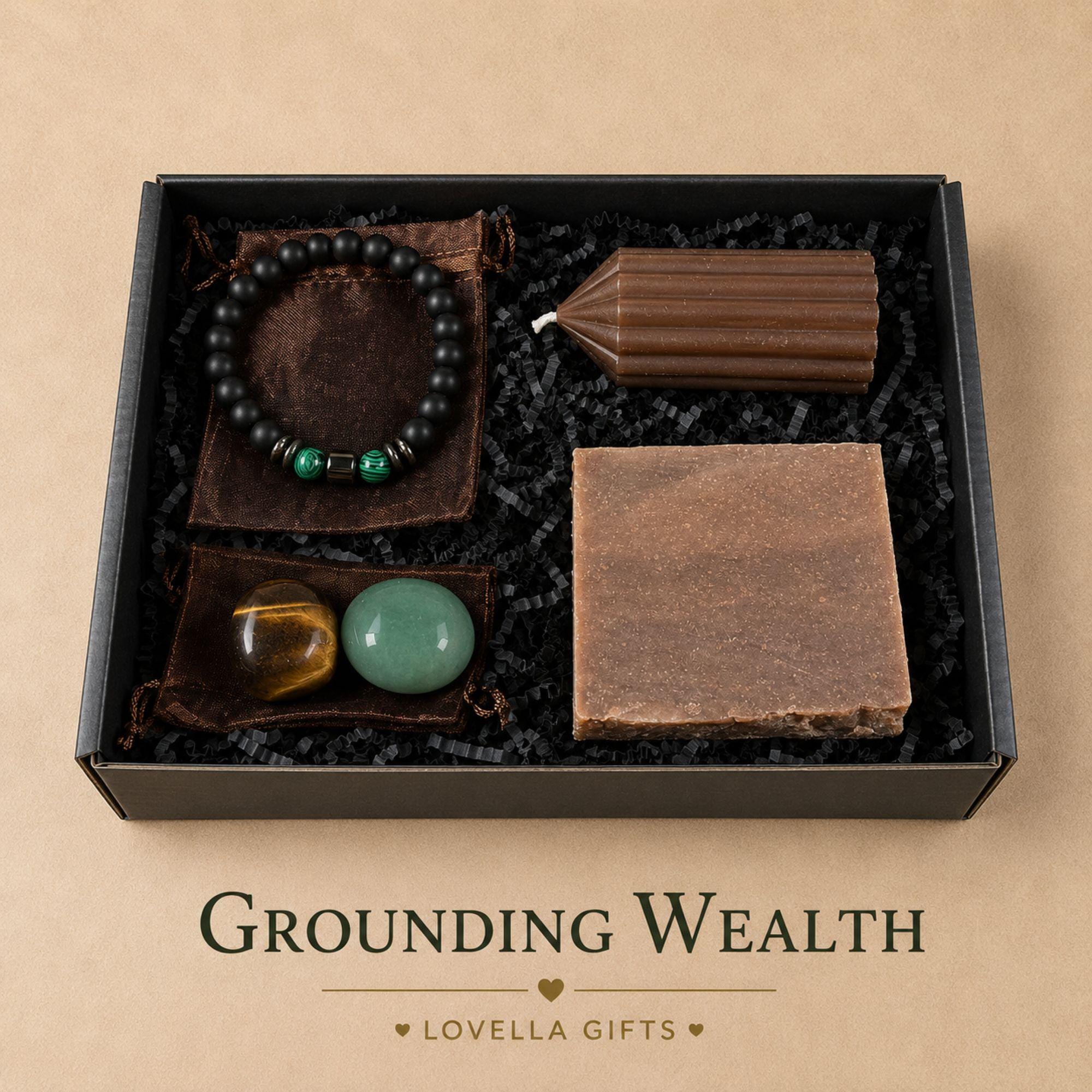 Money manifestation gift box featuring Tiger's Eye bracelet, prosperity stone, money candle and handmade soap. Prosperity gift set for wealth and abundance, entrepreneur gift, success crystal gift, good luck gift, financial success gift, law of attraction gift and wealth attraction gift ready to gift.